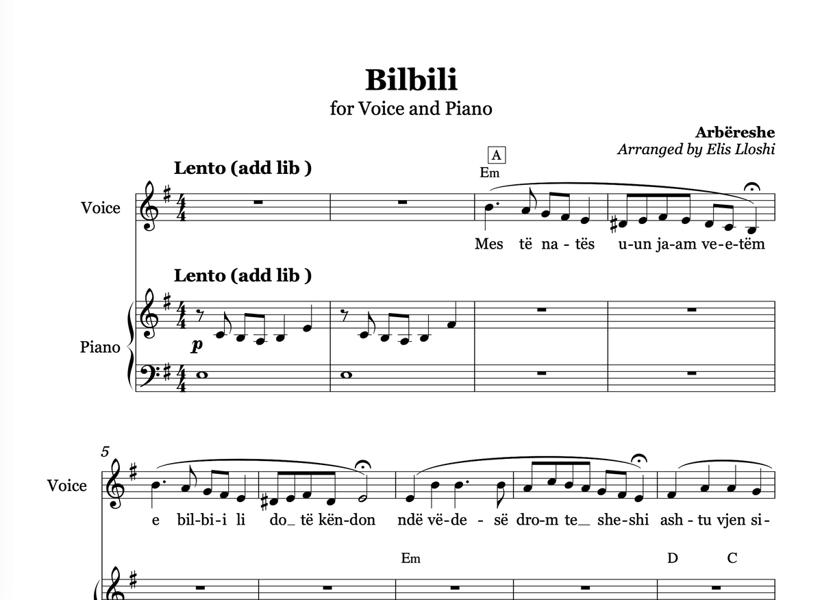 Bilbili - Arbëreshe - Piano and Voice Sheet Music