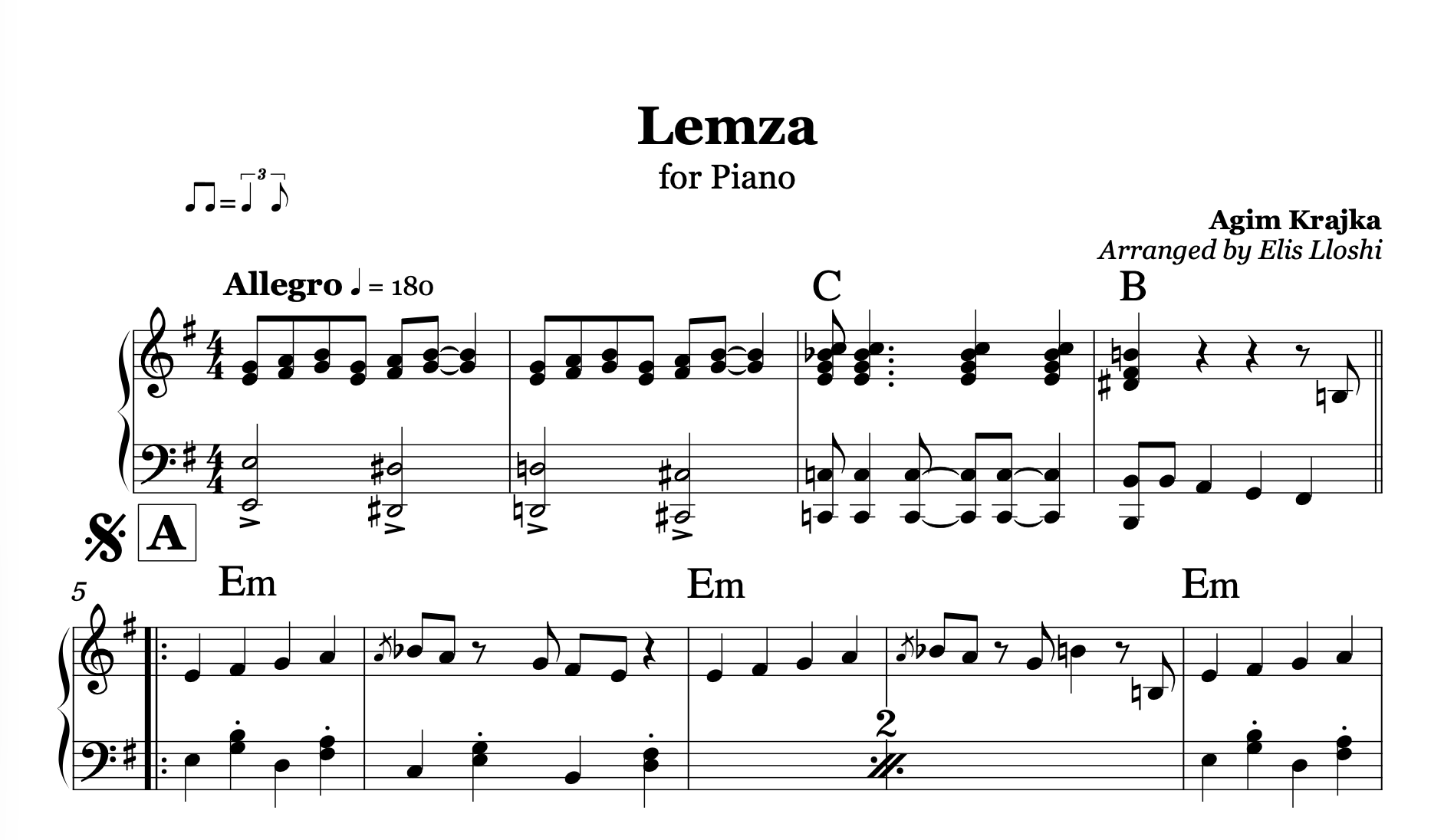Lemza, Albanian Piano Sheet Music