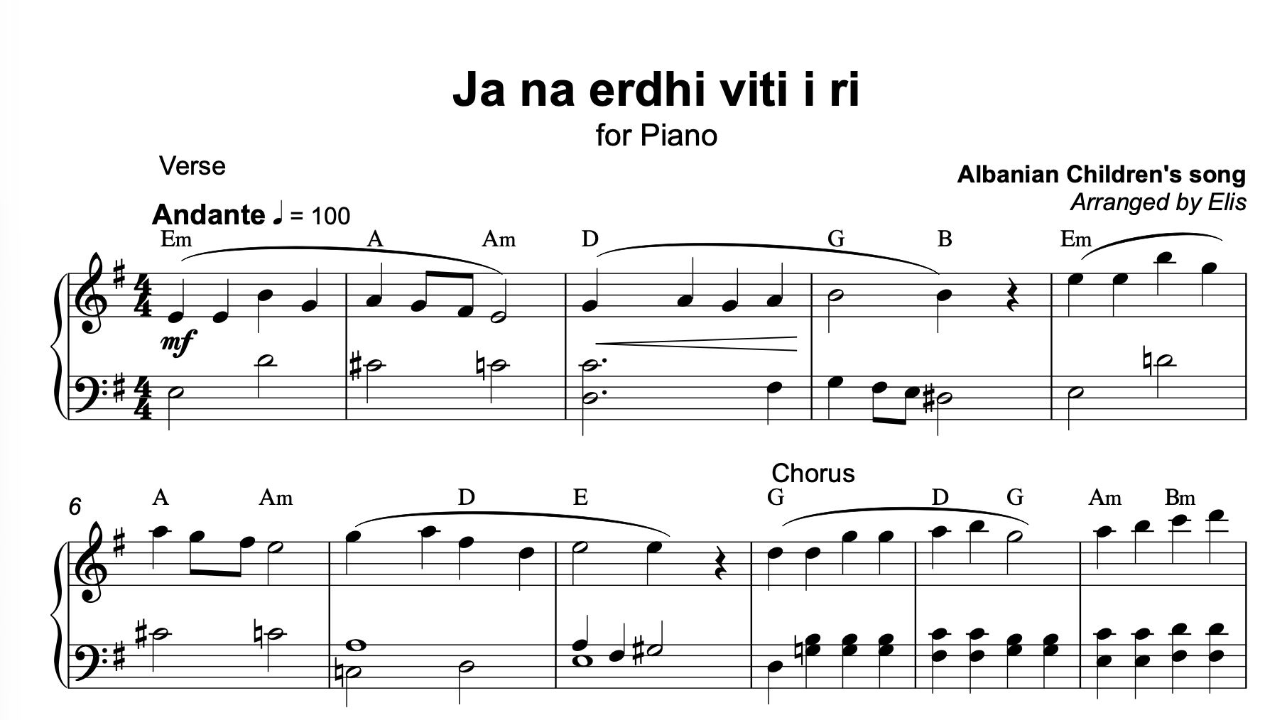 Ja na erdhi viti i ri, Piano sheet + chords