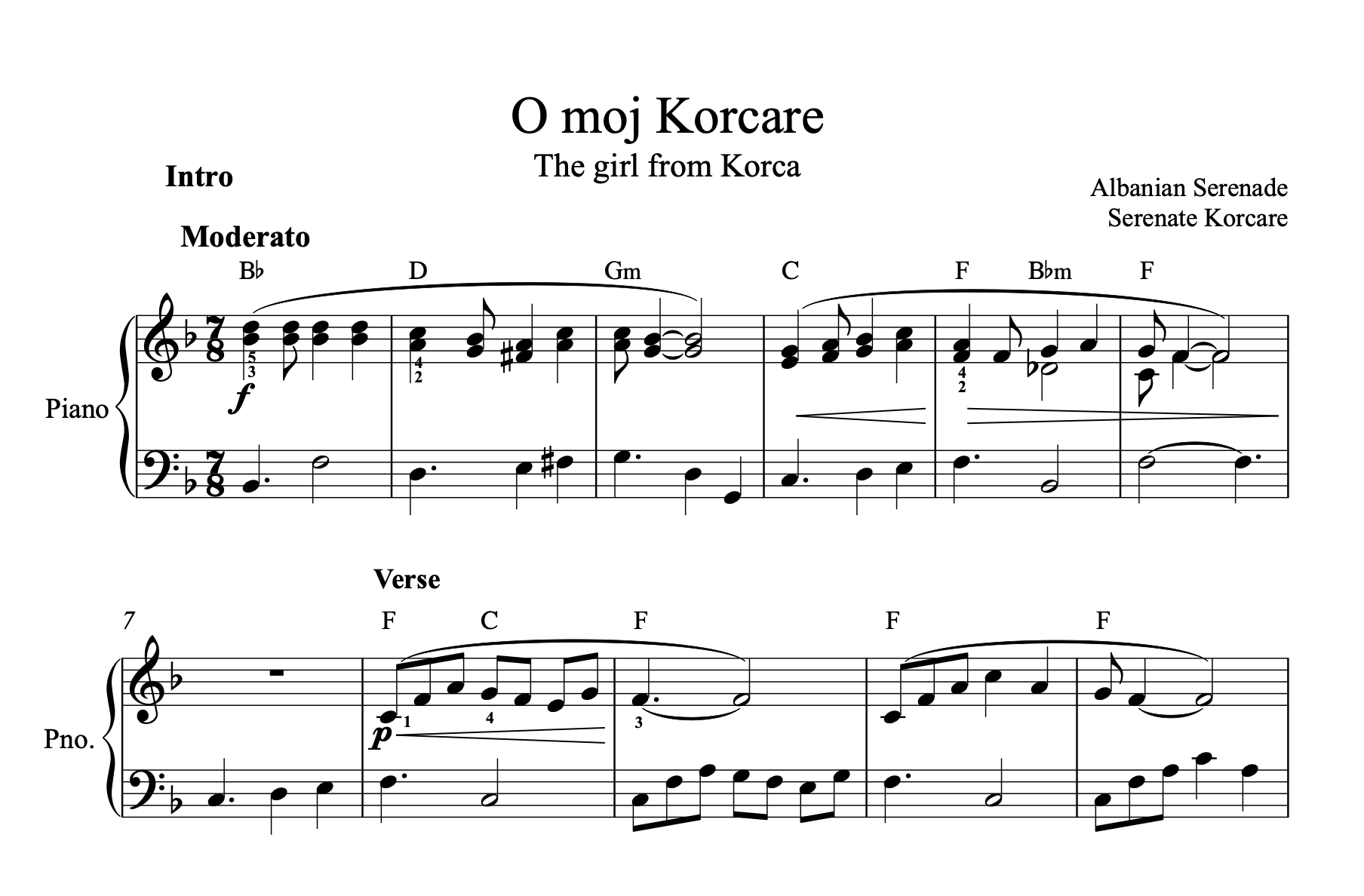 O moj Korcare, Albanian Piano Sheet Music