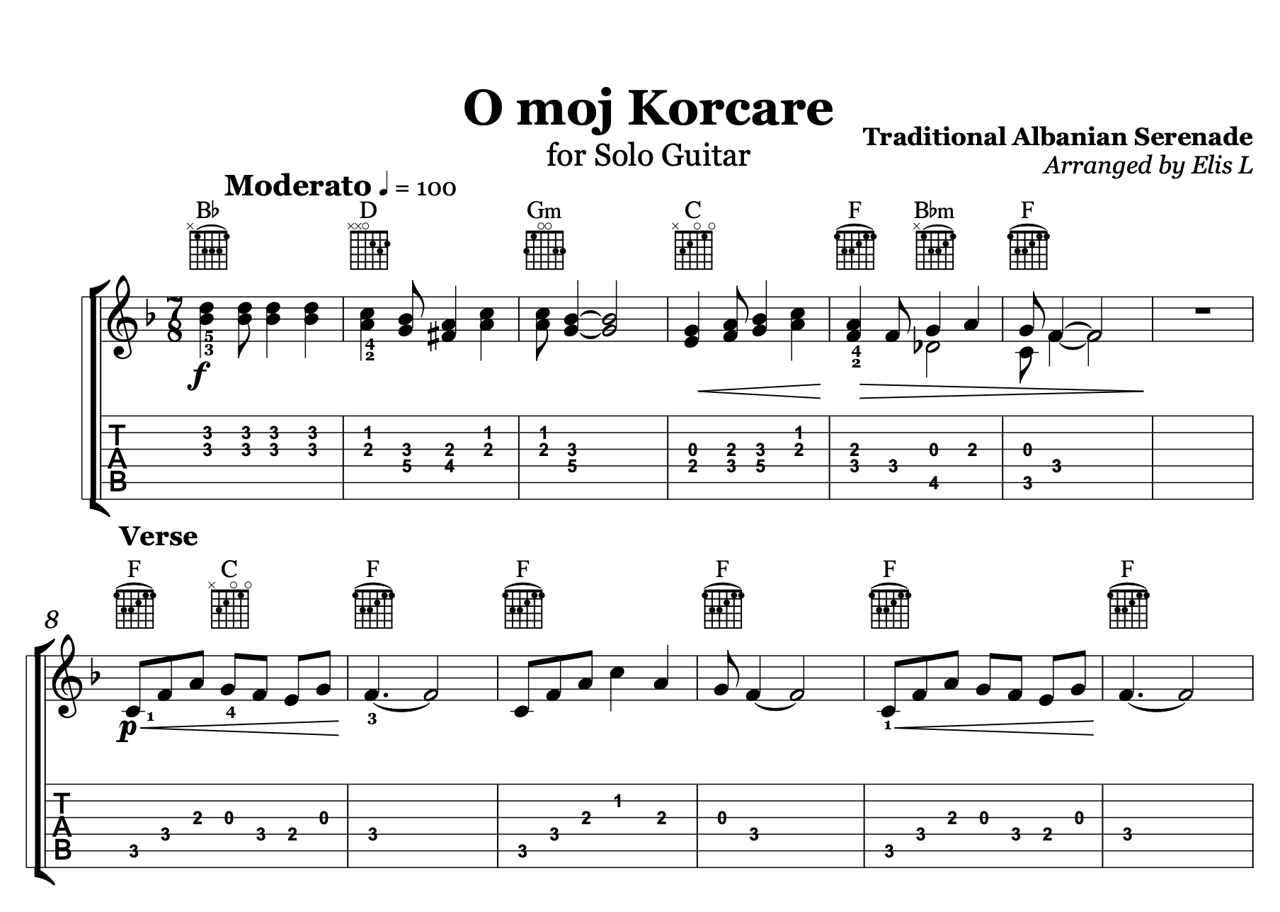 O Moj Korçare - Albanian Guitar Sheet Music