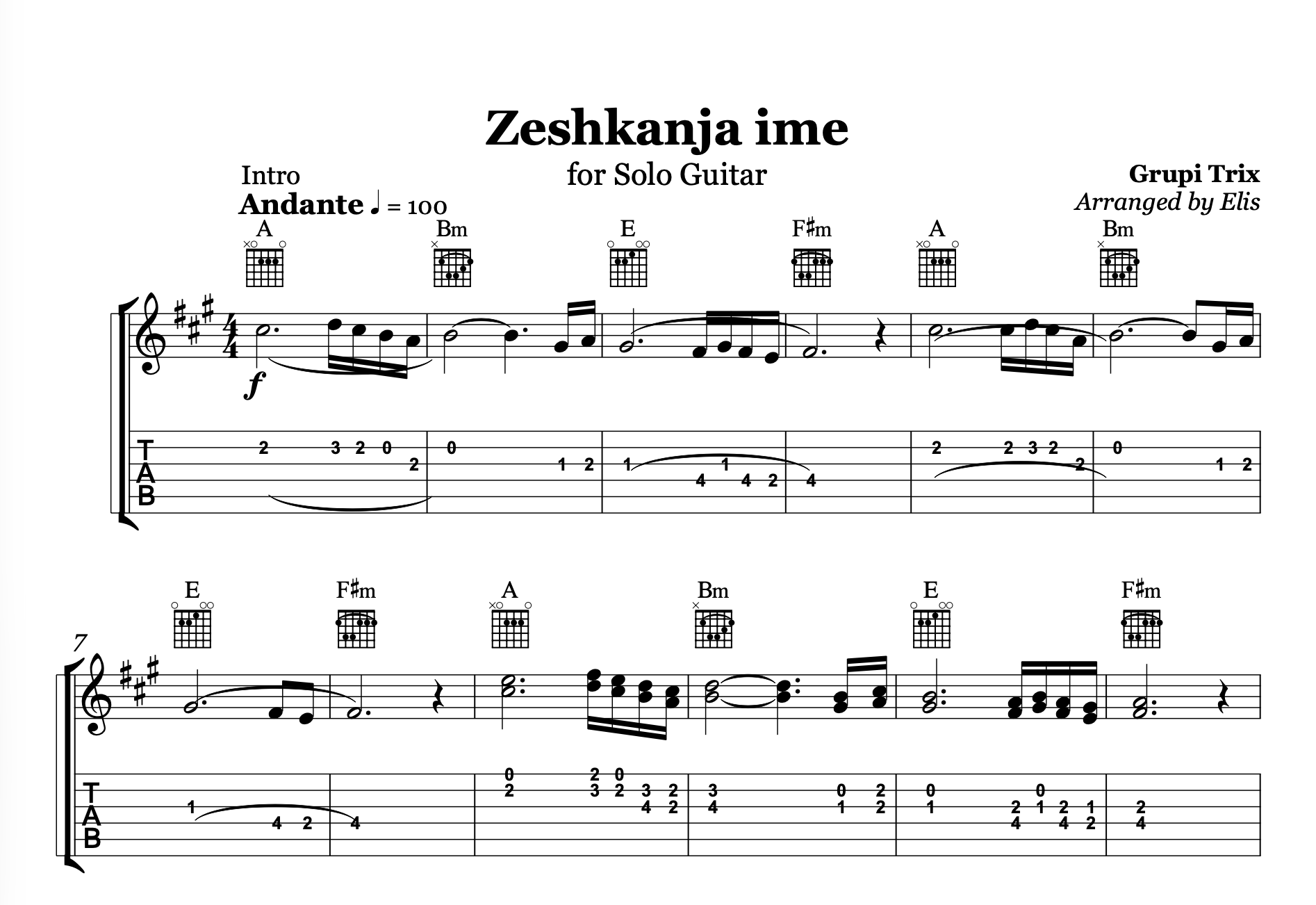 Sheet music for 'Zeshkhanja ime' arranged for solo guitar by Grupi Trix, with tablature and musical notation.
