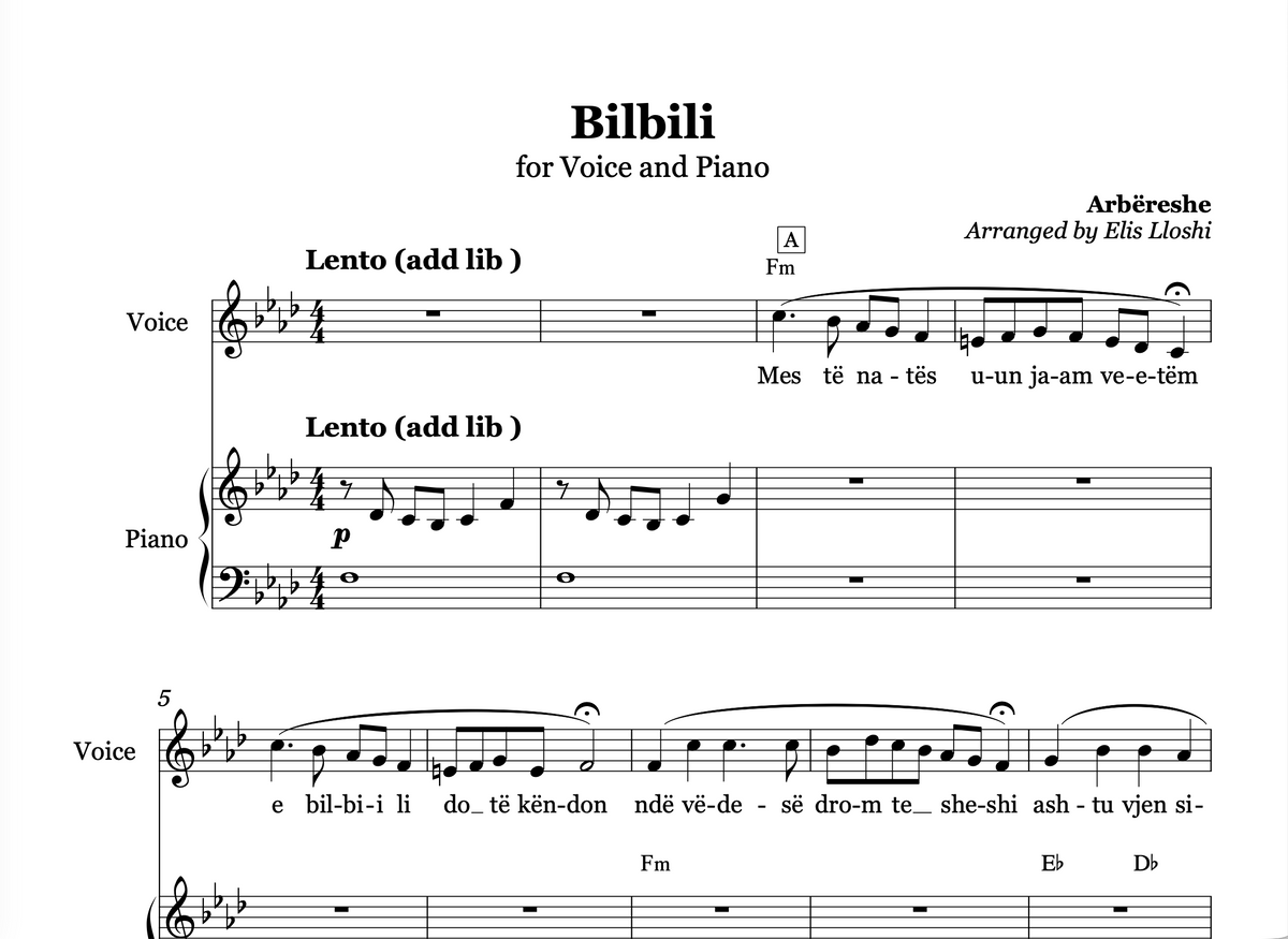 Bilbili - Arbëreshe - Piano and Voice Sheet Music