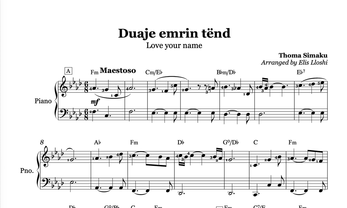 Duaje emrin tënd - Piano Soundtrack Sheet Music