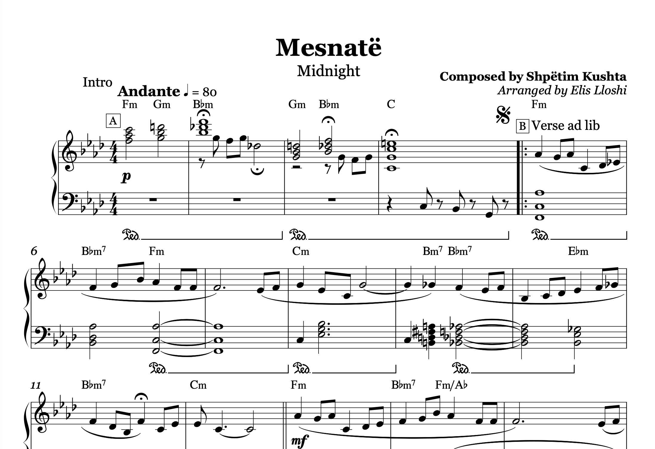 Mesnatë – Vaçe Zela Piano Sheet Music PDF (Intermediate Level)