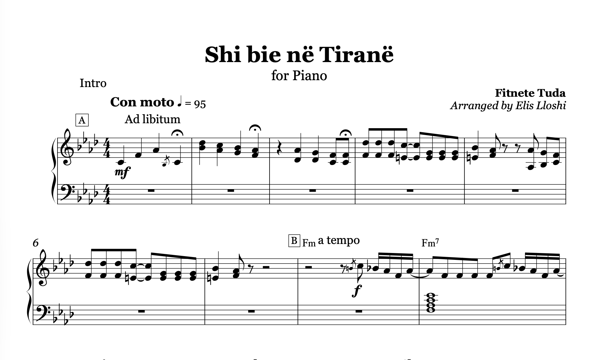 Shi bie në Tiranë, Albanian Piano Sheet Music