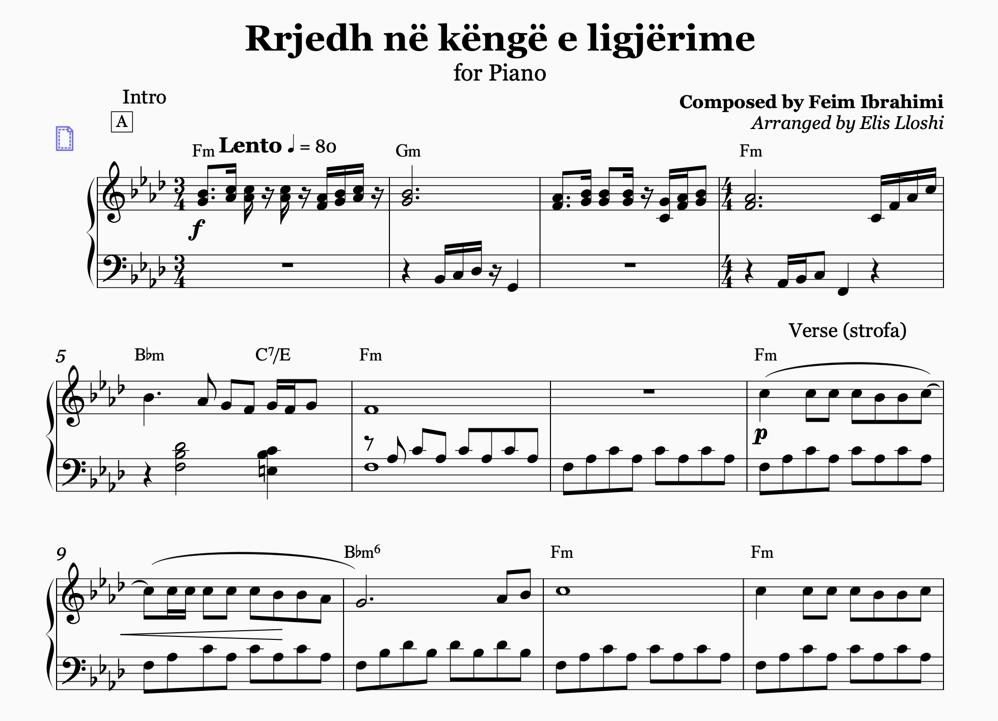 Rrjedh në këngë e ligjërime, Albanian Piano Sheet Music