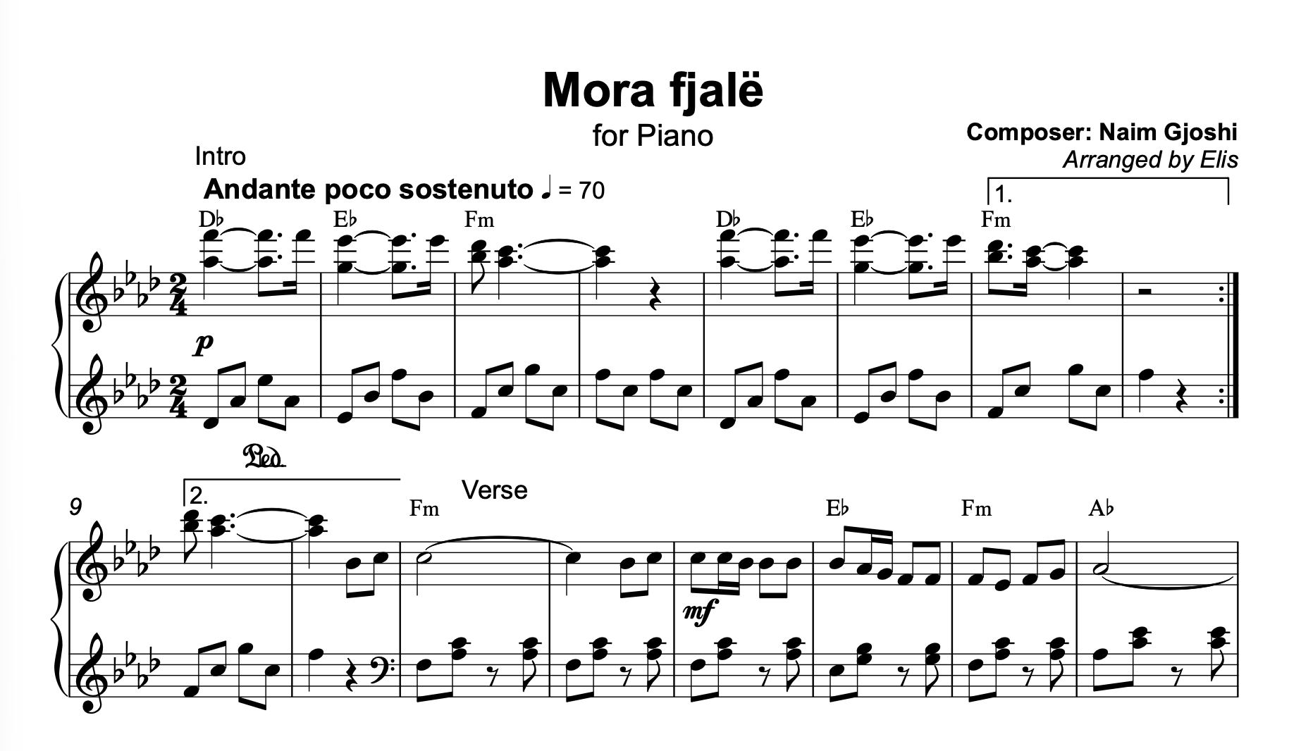 Mora fjalë, Piano sheet + chords