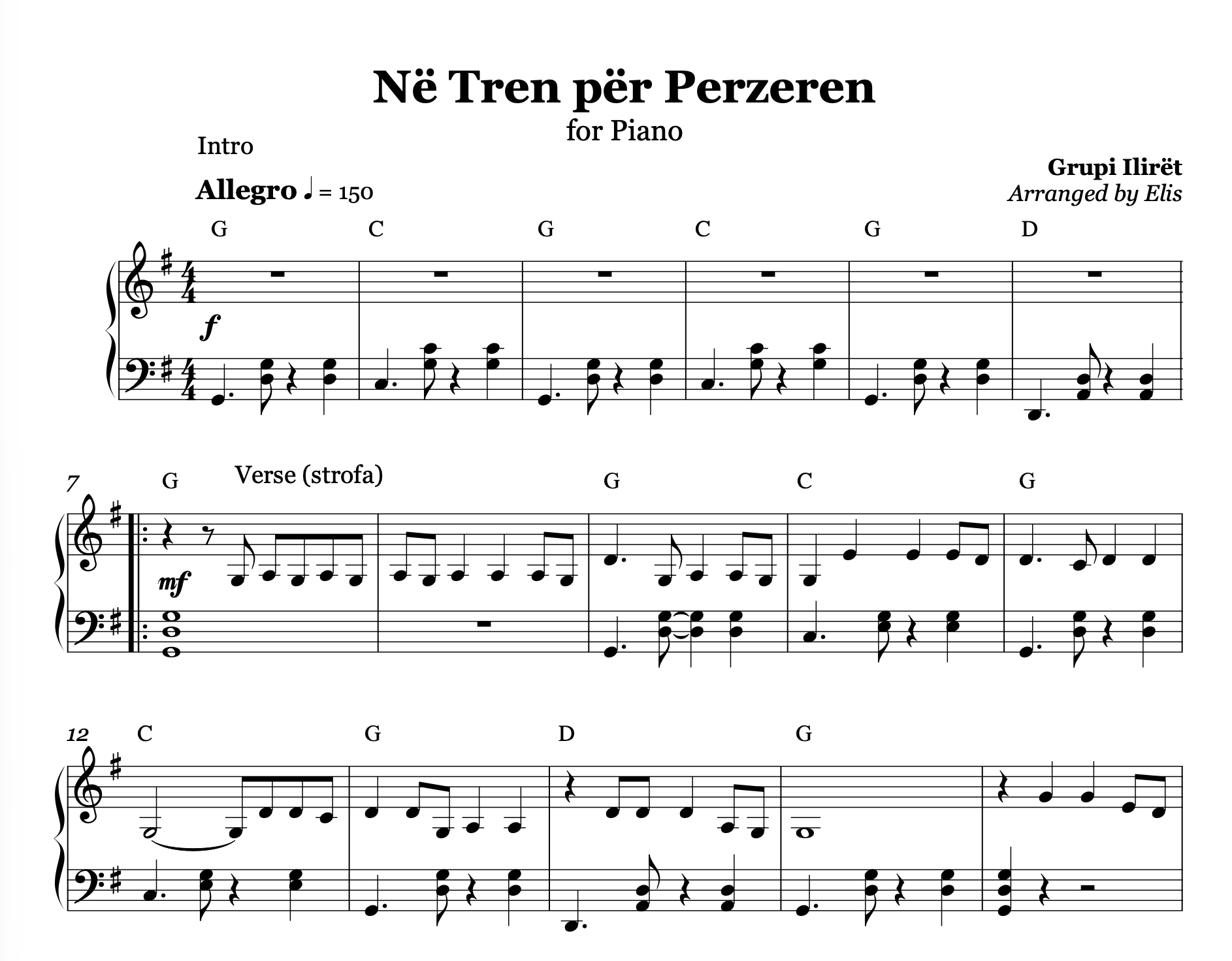 Sheet music for 'Né Tren pèr Perzeren' arranged by Elis, with piano notation and key changes.