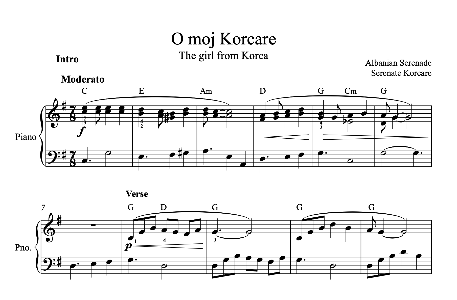 O moj Korcare, Albanian Piano Sheet Music