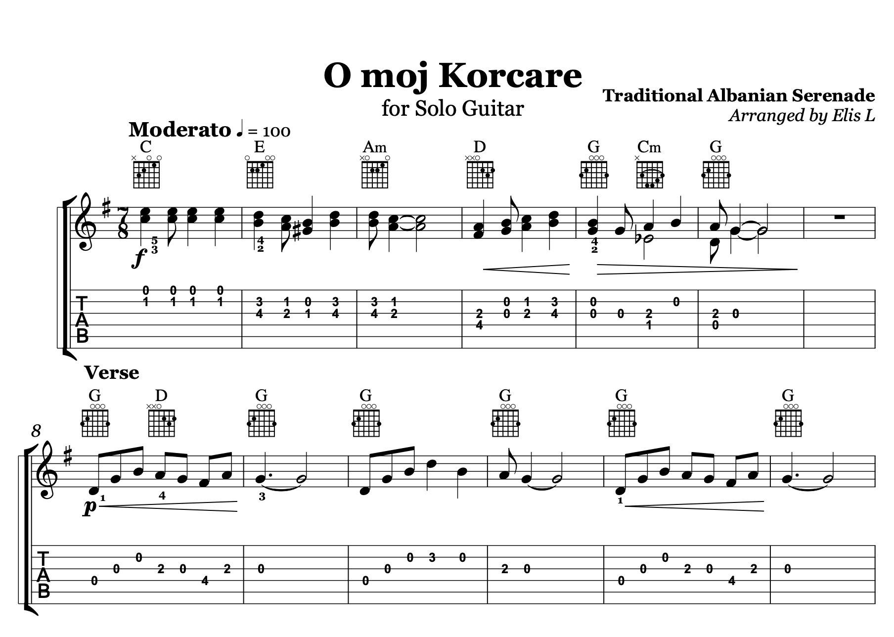 O Moj Korçare - Albanian Guitar Sheet Music