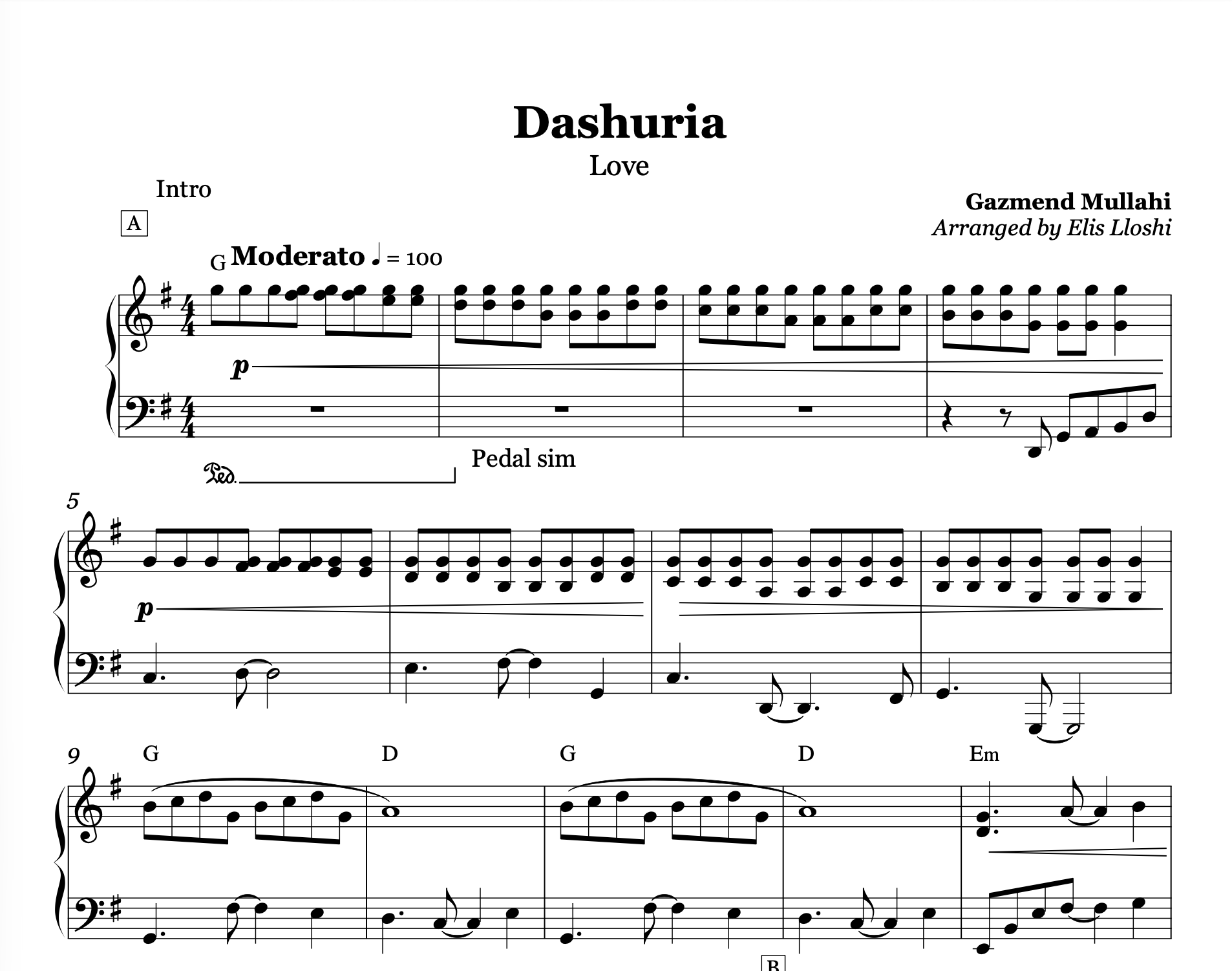 Dashuria, Albanian Piano Sheet Music