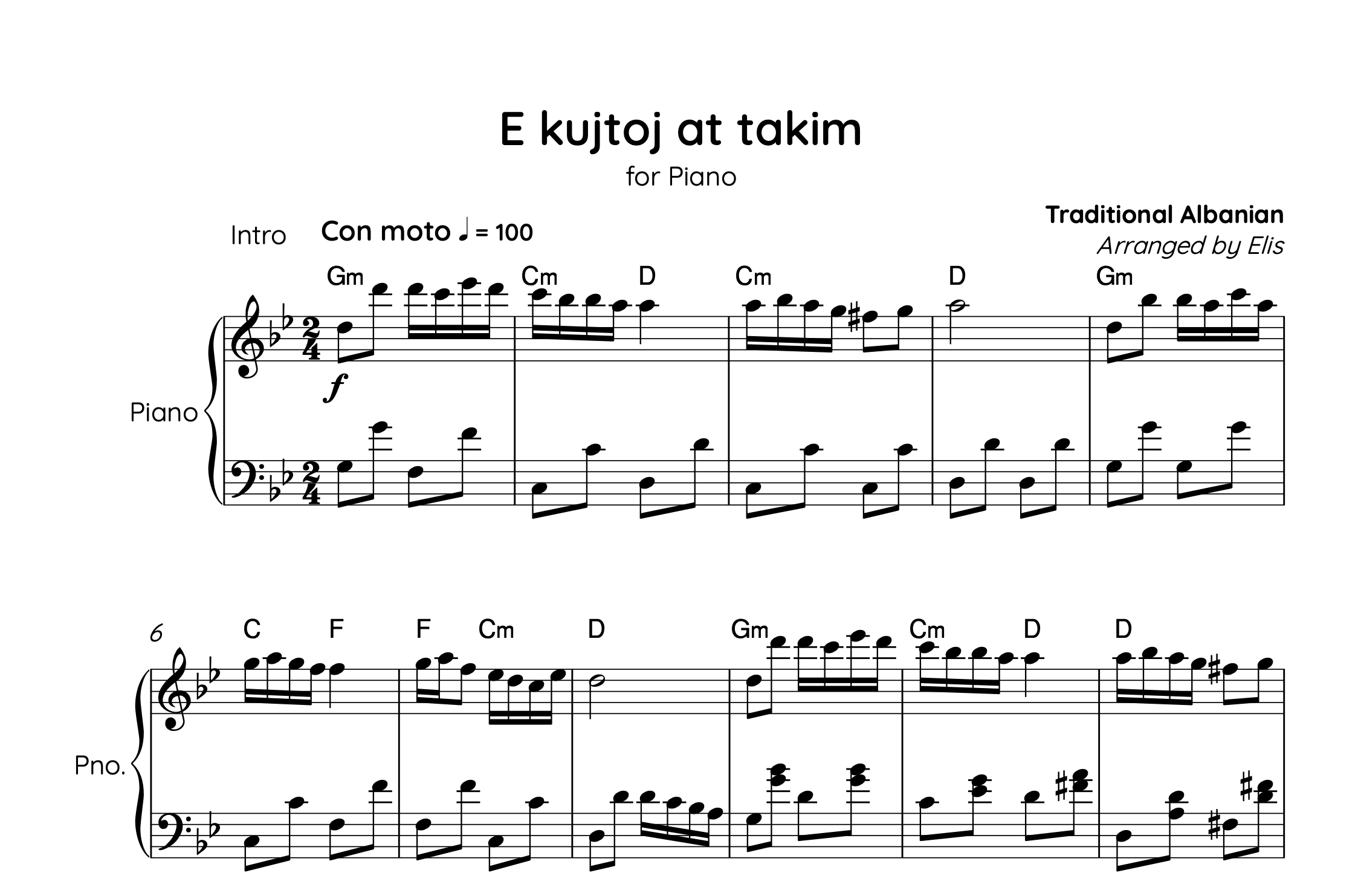 E kujtoj at takim, Albanian Piano Sheet Music