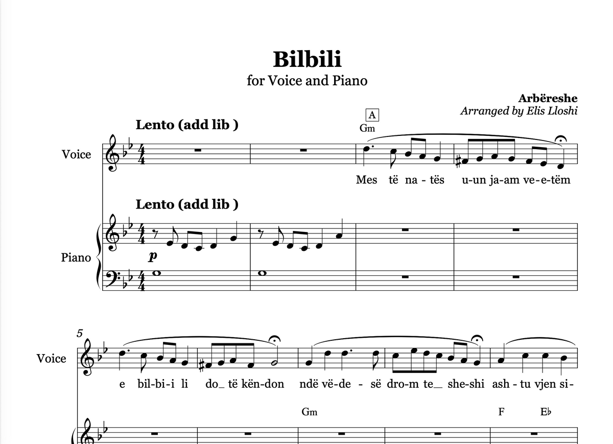 Bilbili - Arbëreshe - Piano and Voice Sheet Music