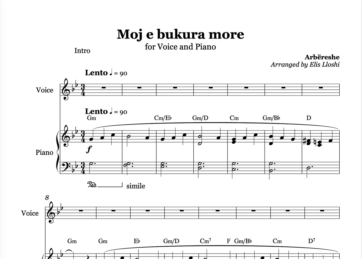 Moj e bukura more - Albanian Piano and Voice Sheet Music