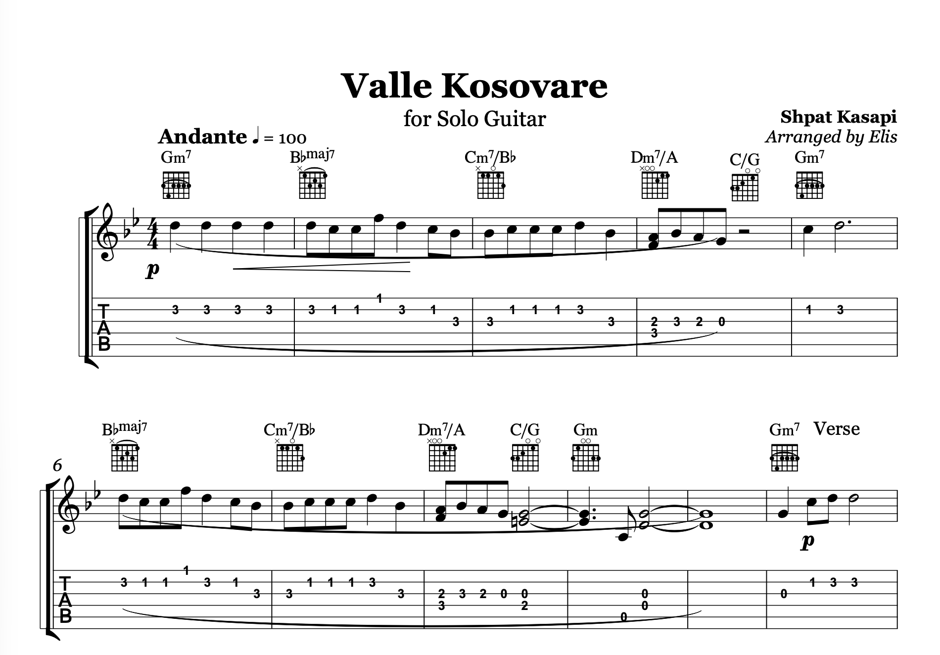 Valle Kosovare, Guitar Sheet Music and Chords