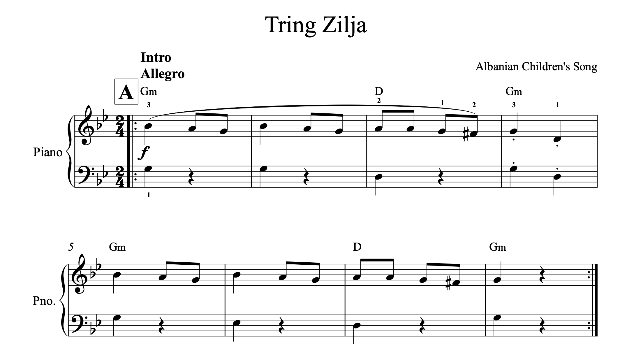 Sheet music for 'Tring Zilja' with piano notation on a white background
