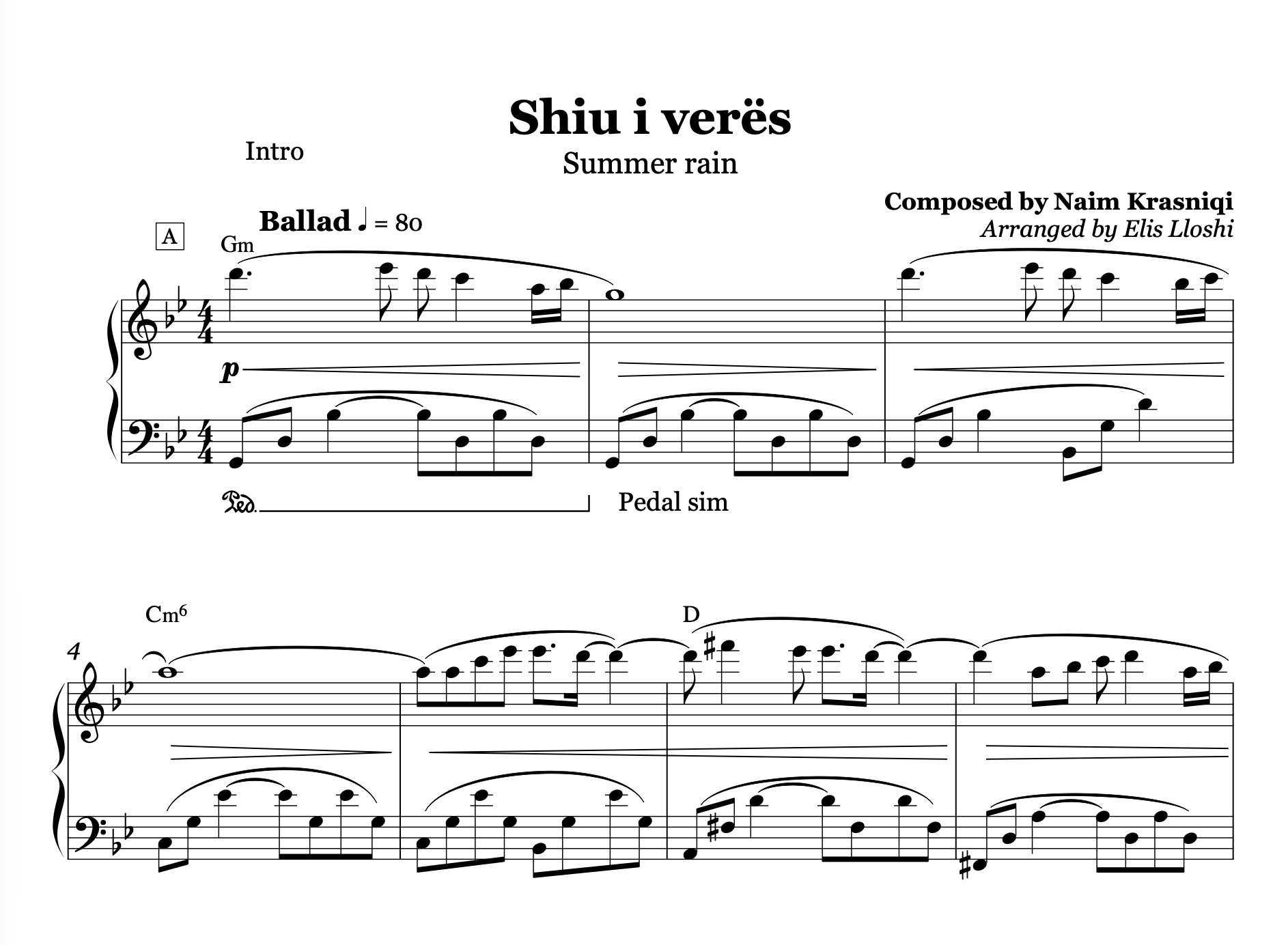 Shiu i verës, Albanian Piano Sheet Music