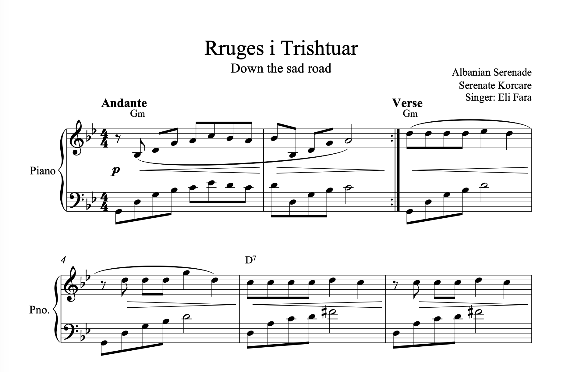 Rruges i trishtuar, Albanian Piano Sheet Music