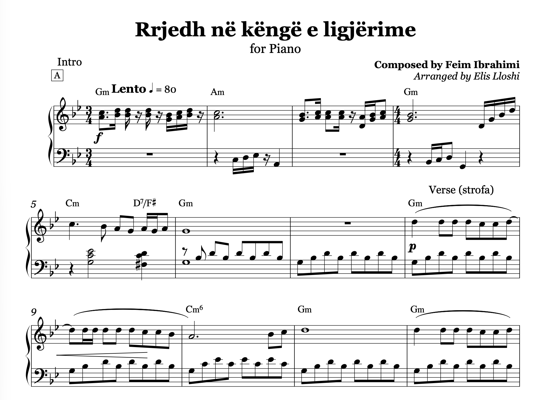 Rrjedh në këngë e ligjërime, Albanian Piano Sheet Music