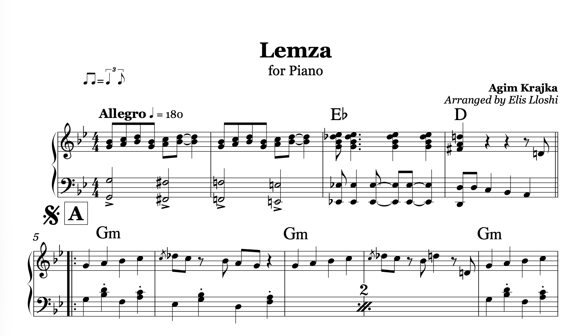 Lemza, Albanian Piano Sheet Music