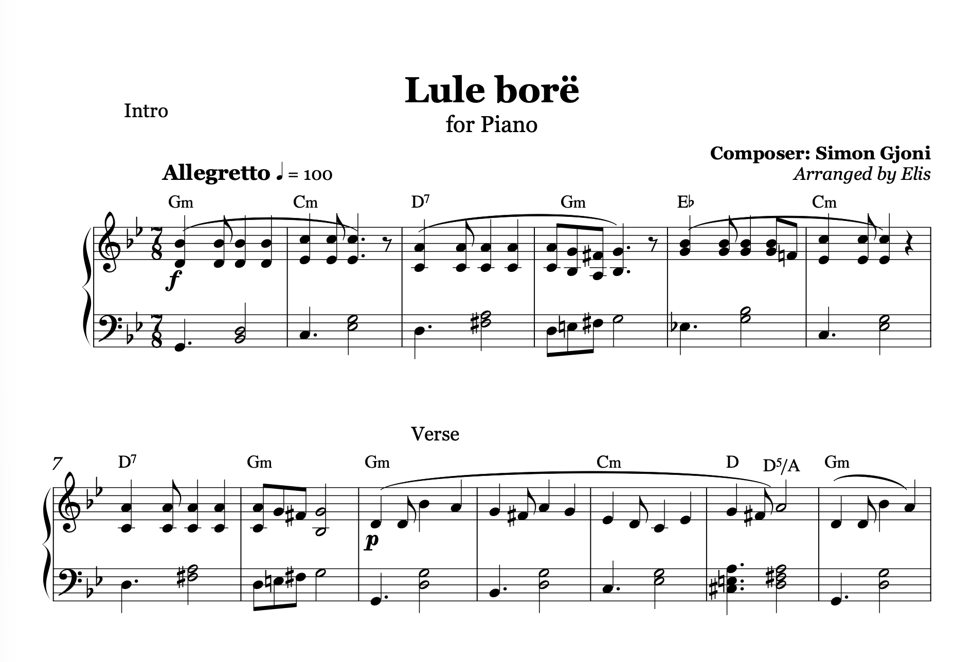 Lule Bore, Piano Sheet Music and Chords