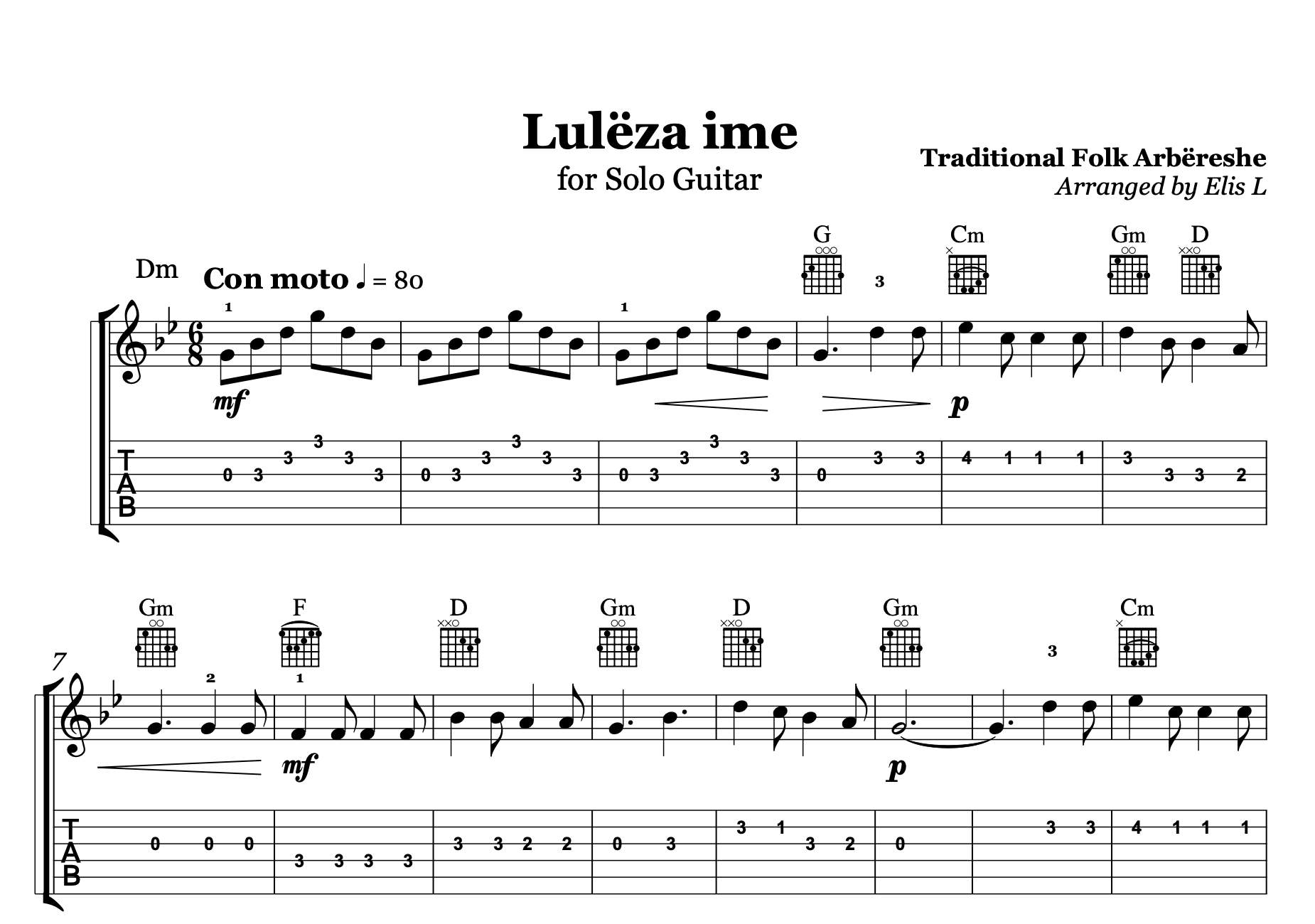 Lulëzo Lulëza ime, Albanian Guitar Sheet Music