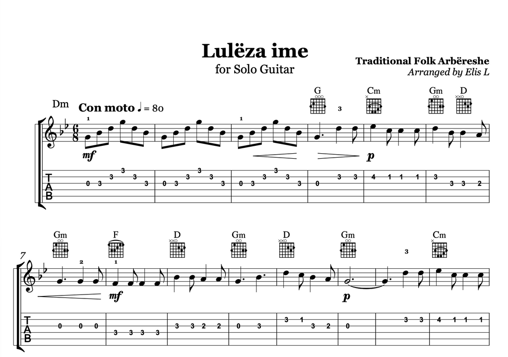 Lulëzo Lulëza ime, Albanian Guitar Sheet Music