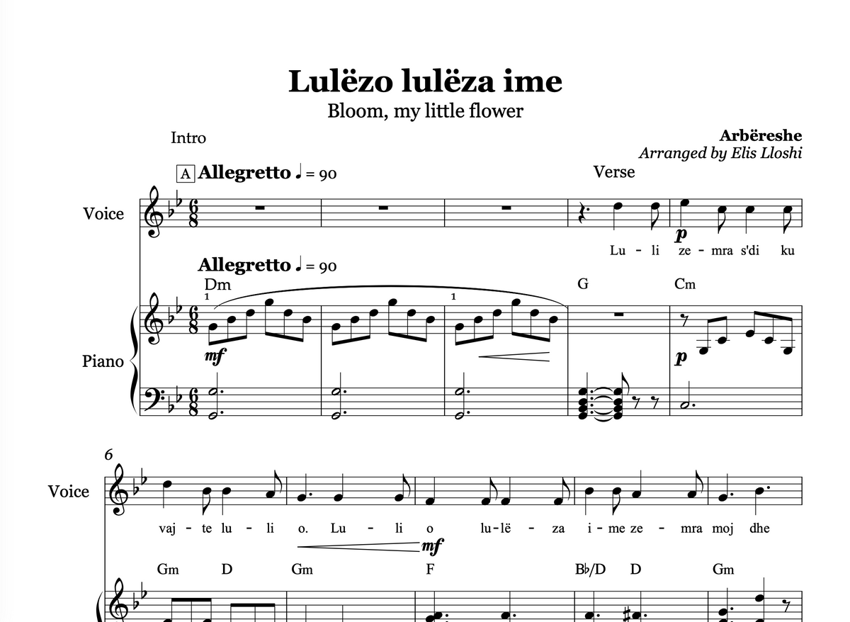 Lulëzo, Lulëza ime | Piano & Voice Sheet Music