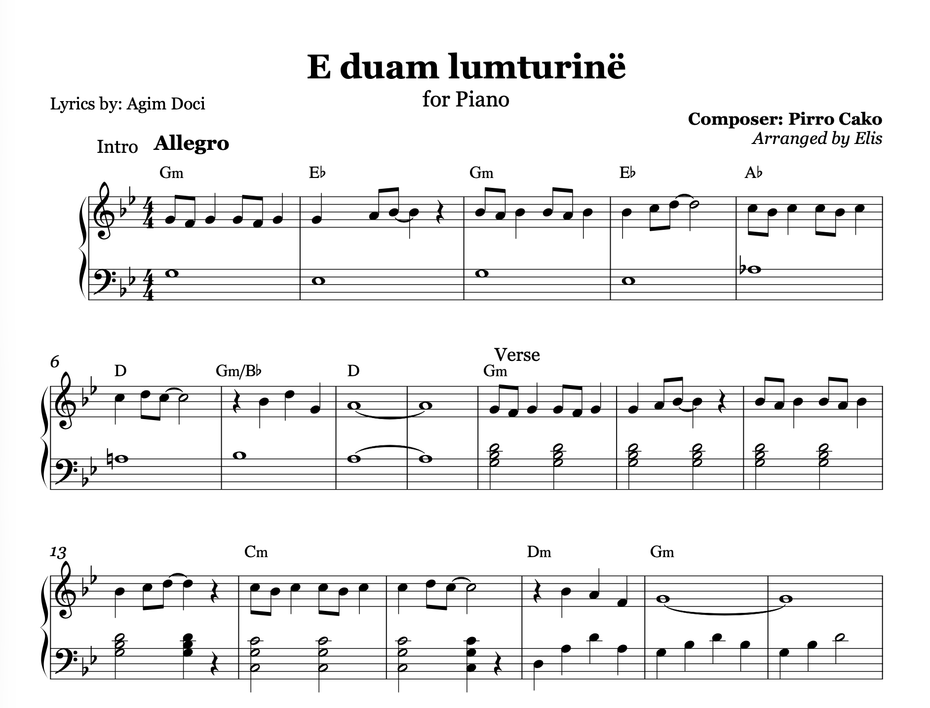 E duam lumturinë, Piano Sheet Music and Chords
