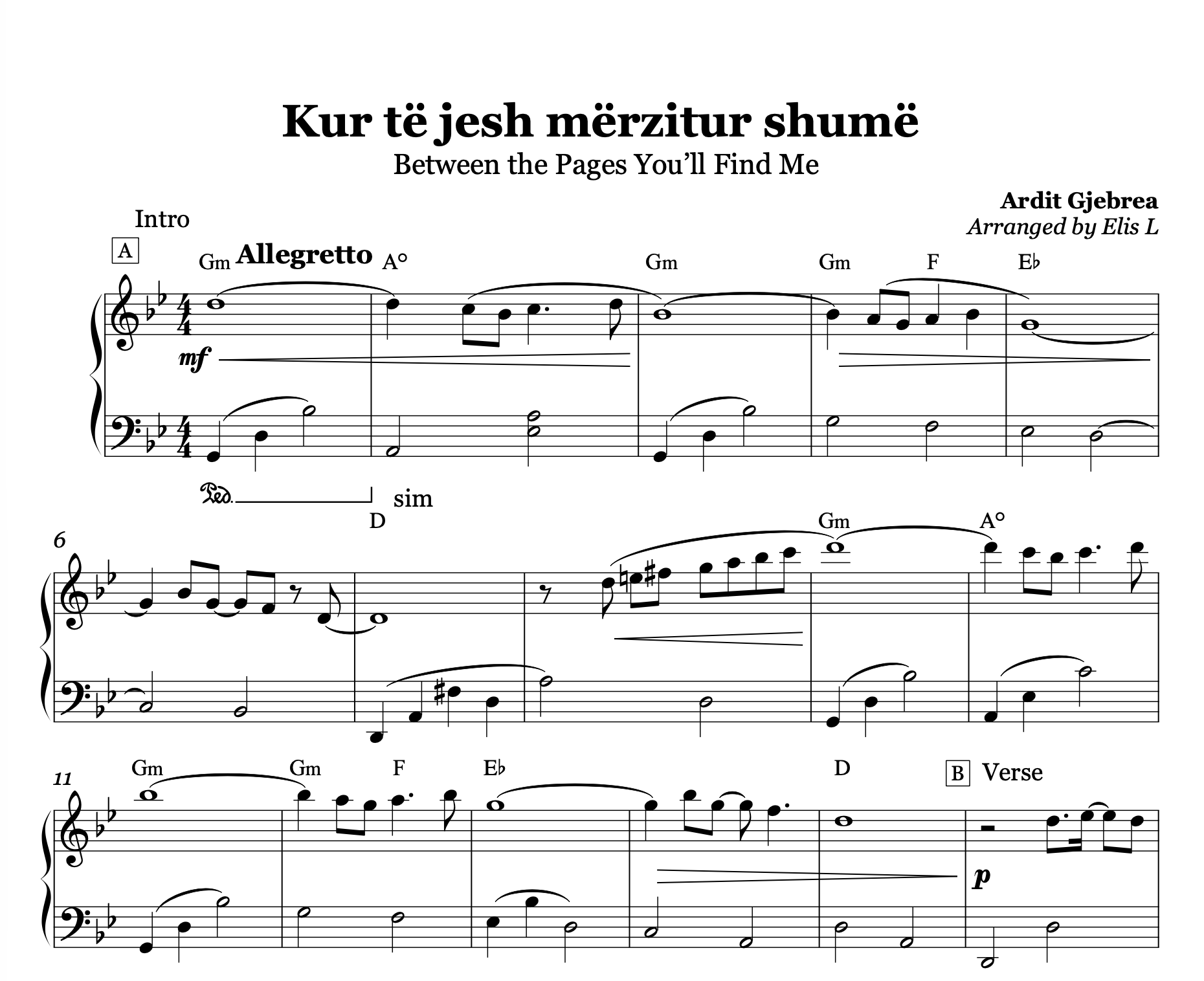 Kur të jesh mërzitur shumë, Albanian Piano Sheet Music
