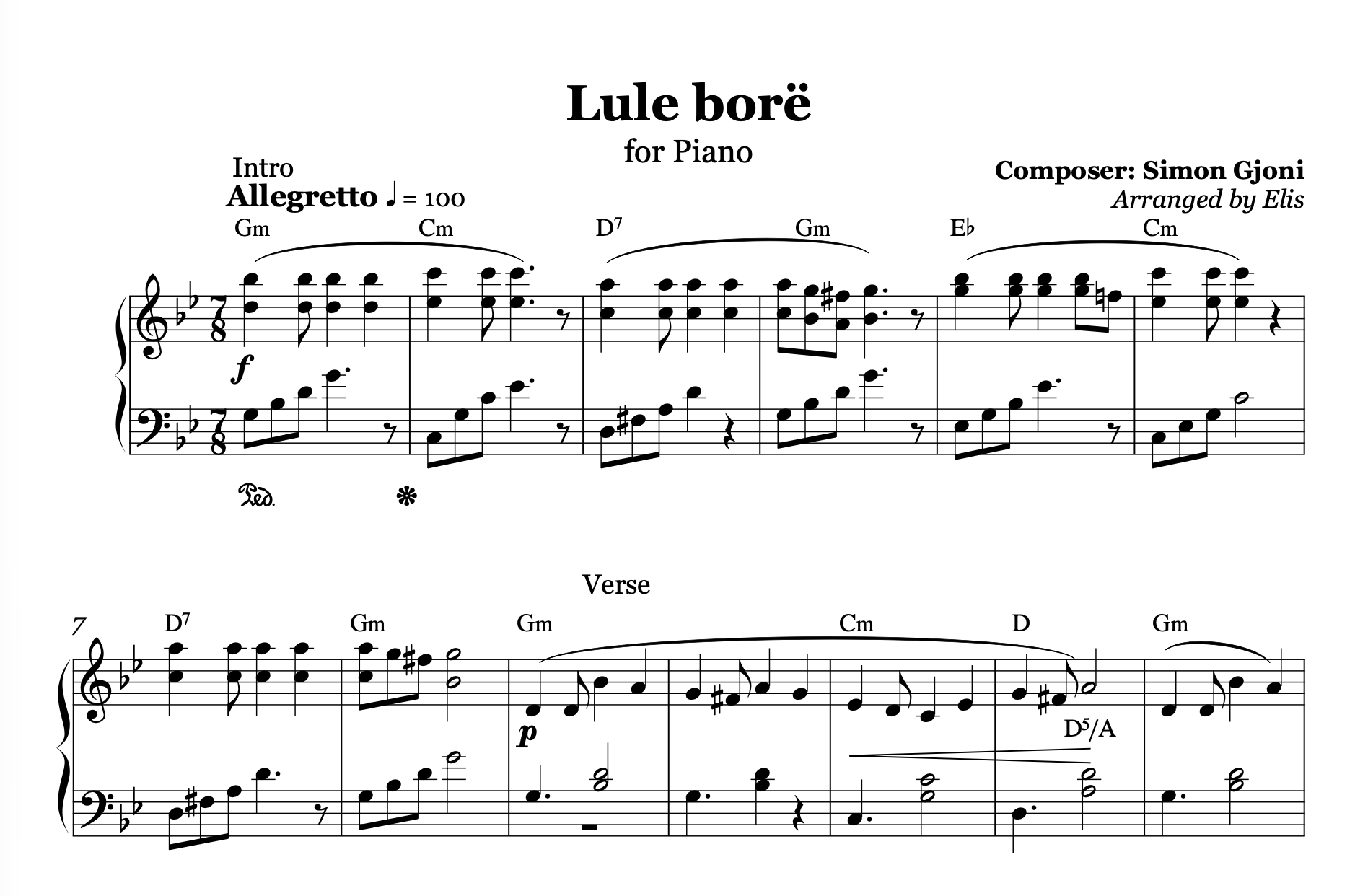 Lule Bore, Piano Sheet Music and Chords