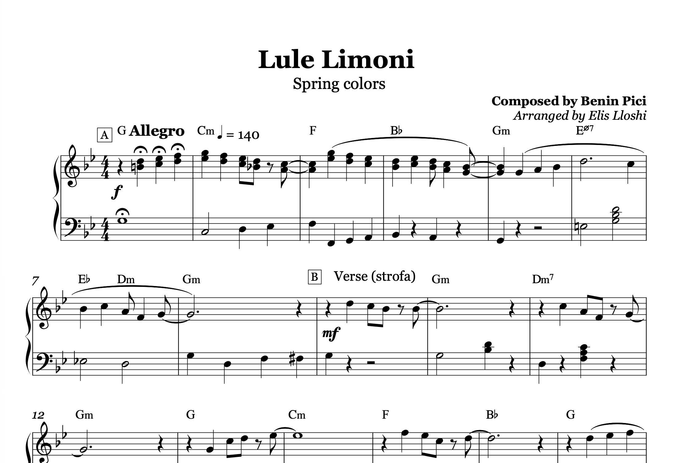Lule Limoni – Sidrit Bejleri Piano Sheet Music PDF (Easy/Intermediate)