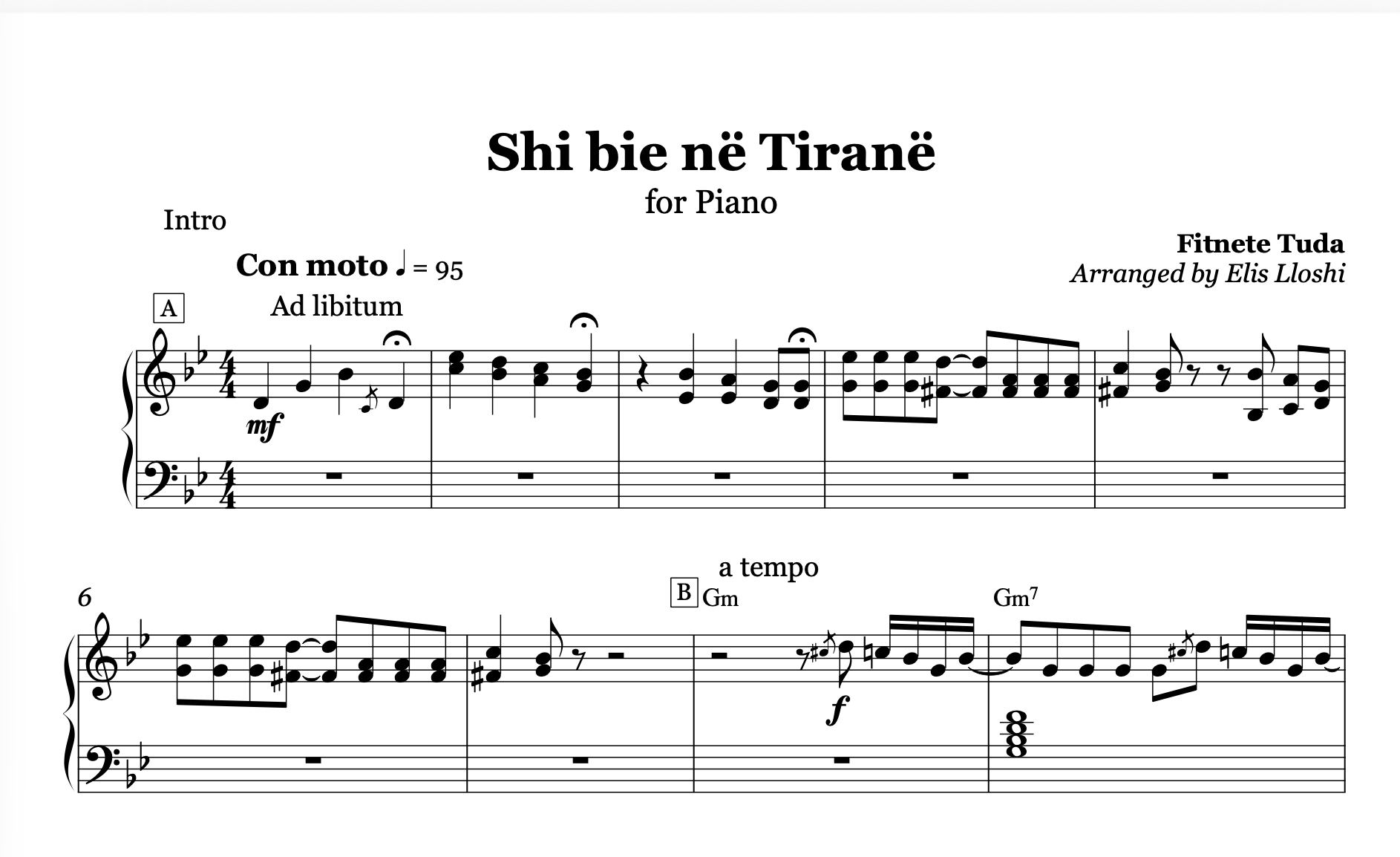 Shi bie në Tiranë, Albanian Piano Sheet Music