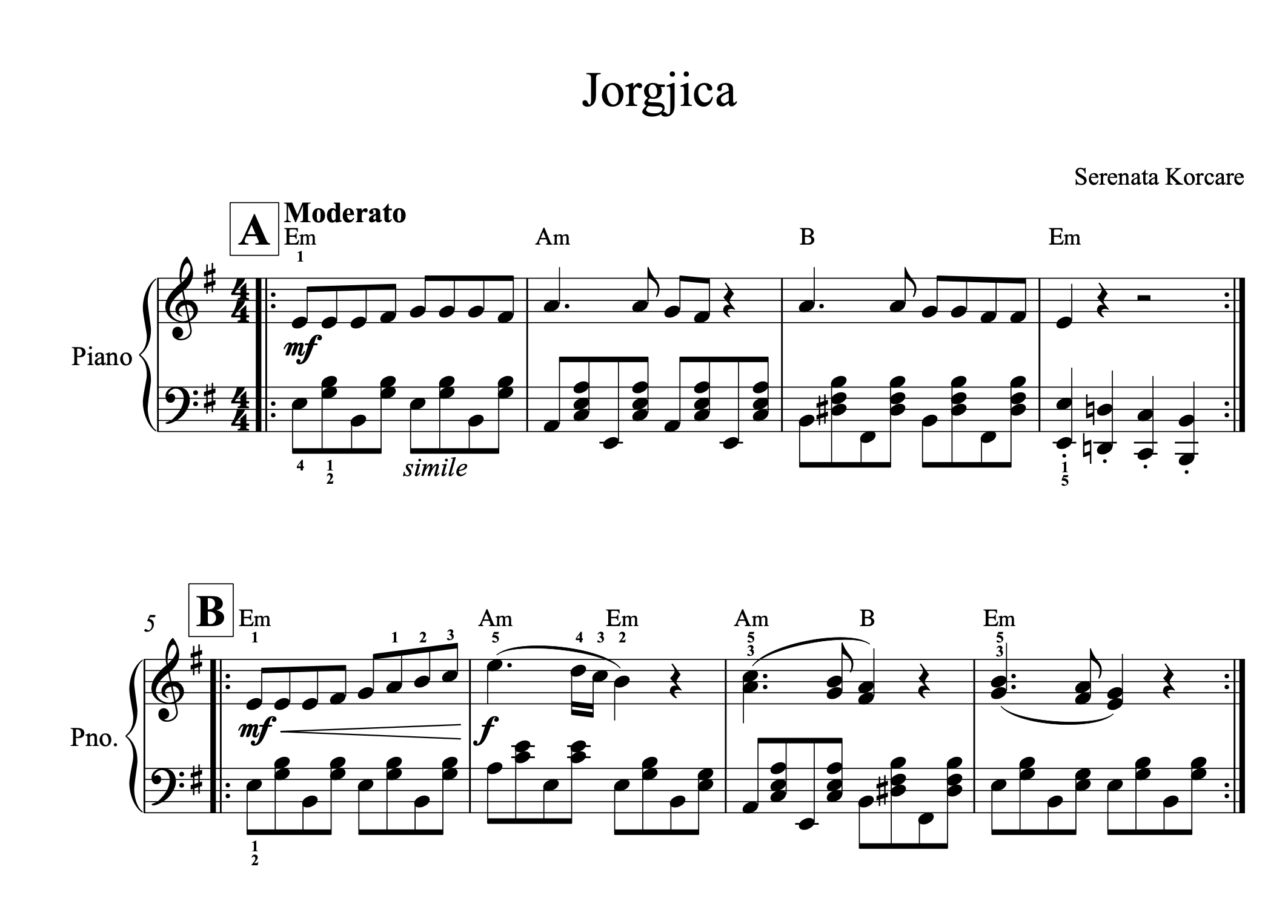 Jorgjica, Albanian Piano Sheet Music