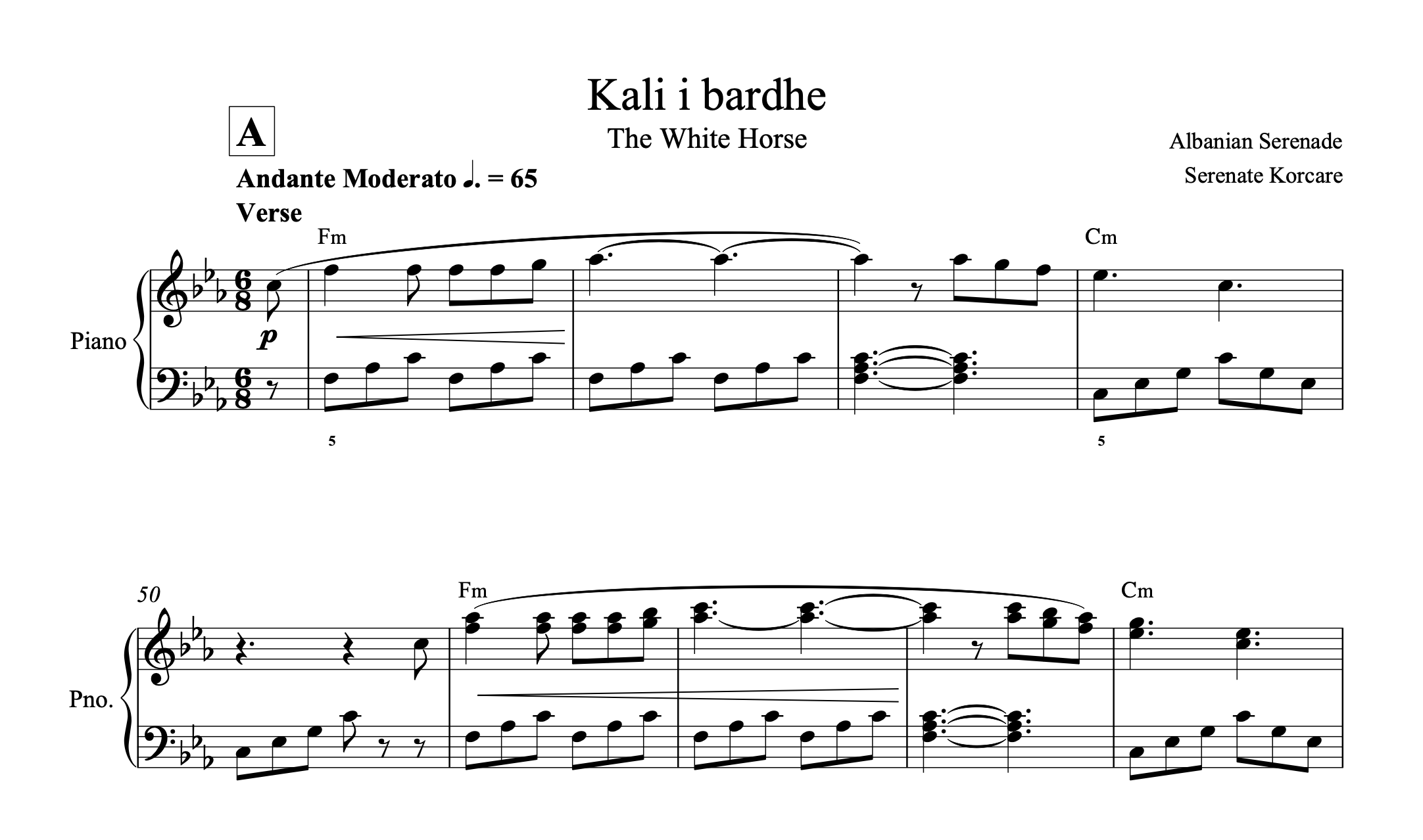 Kali i Bardhë, Albanian Piano Sheet Music
