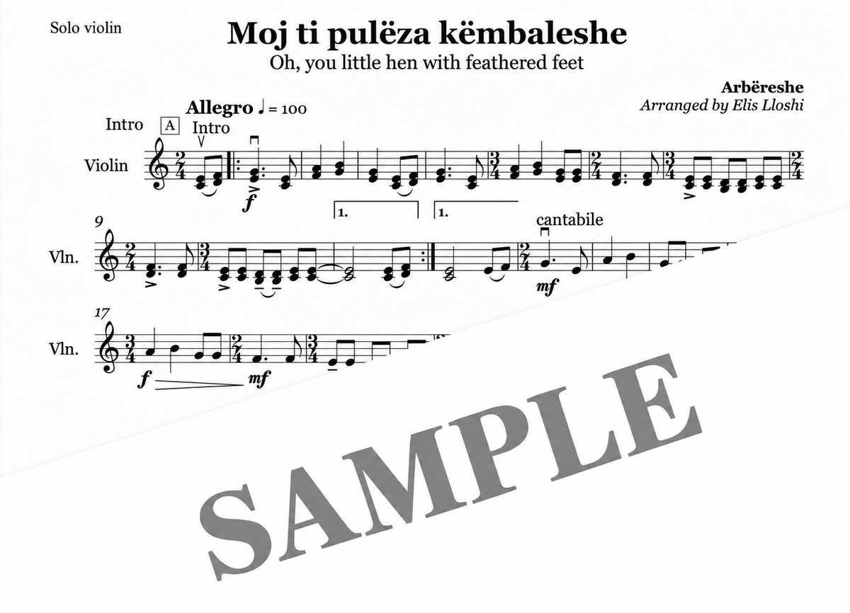 Moj ti pulëza këmbaleshe | Violin Sheet Music