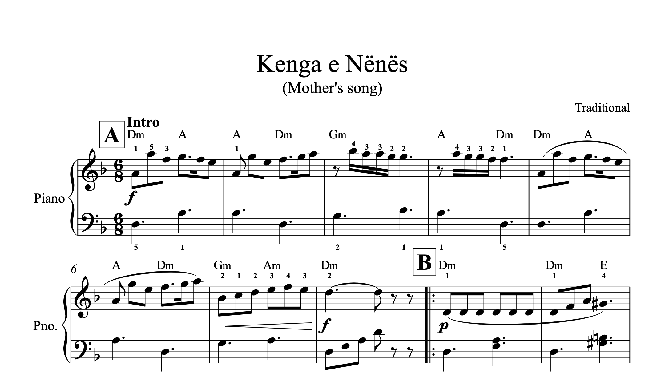 Kenga e Nënës, Piano sheet + chords