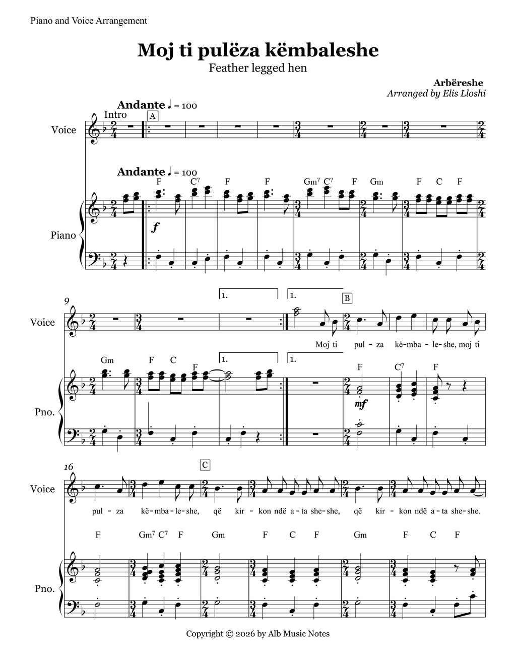 Moj ti pulëza këmbaleshe | Piano & Voice Sheet Music