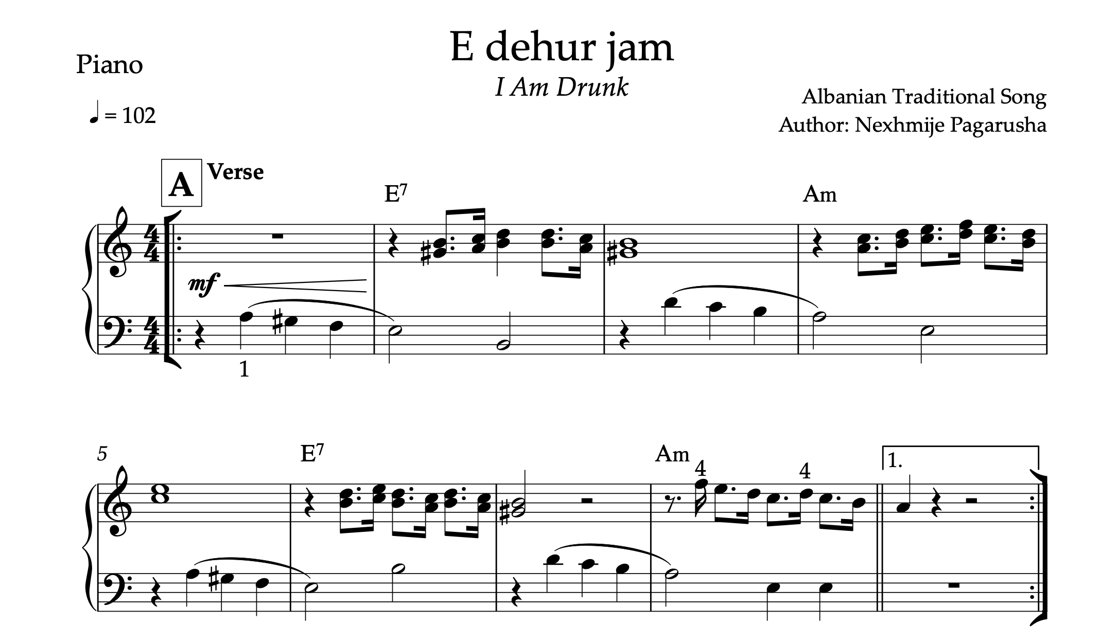 E dehur jam, Albanian Piano Sheet Music