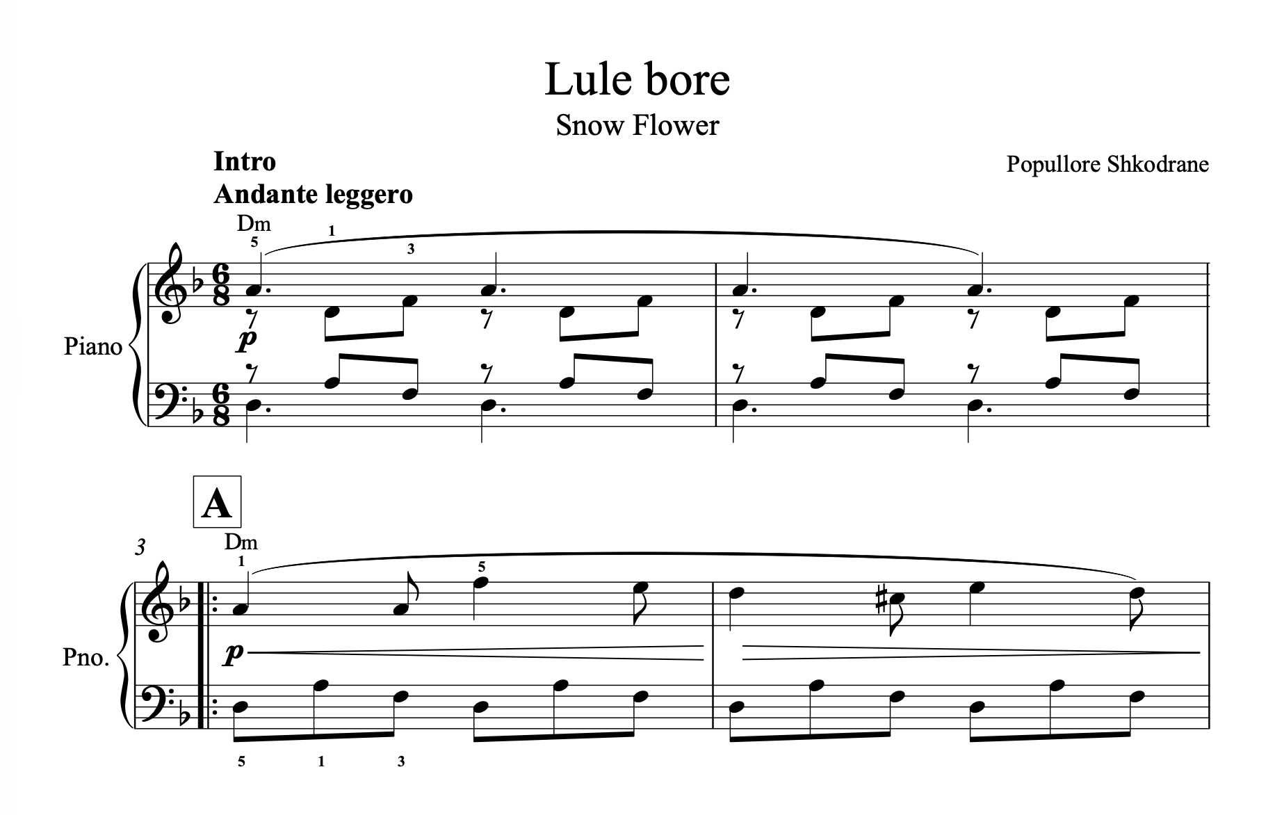 Lule Bore, Piano Sheet Music and Chords