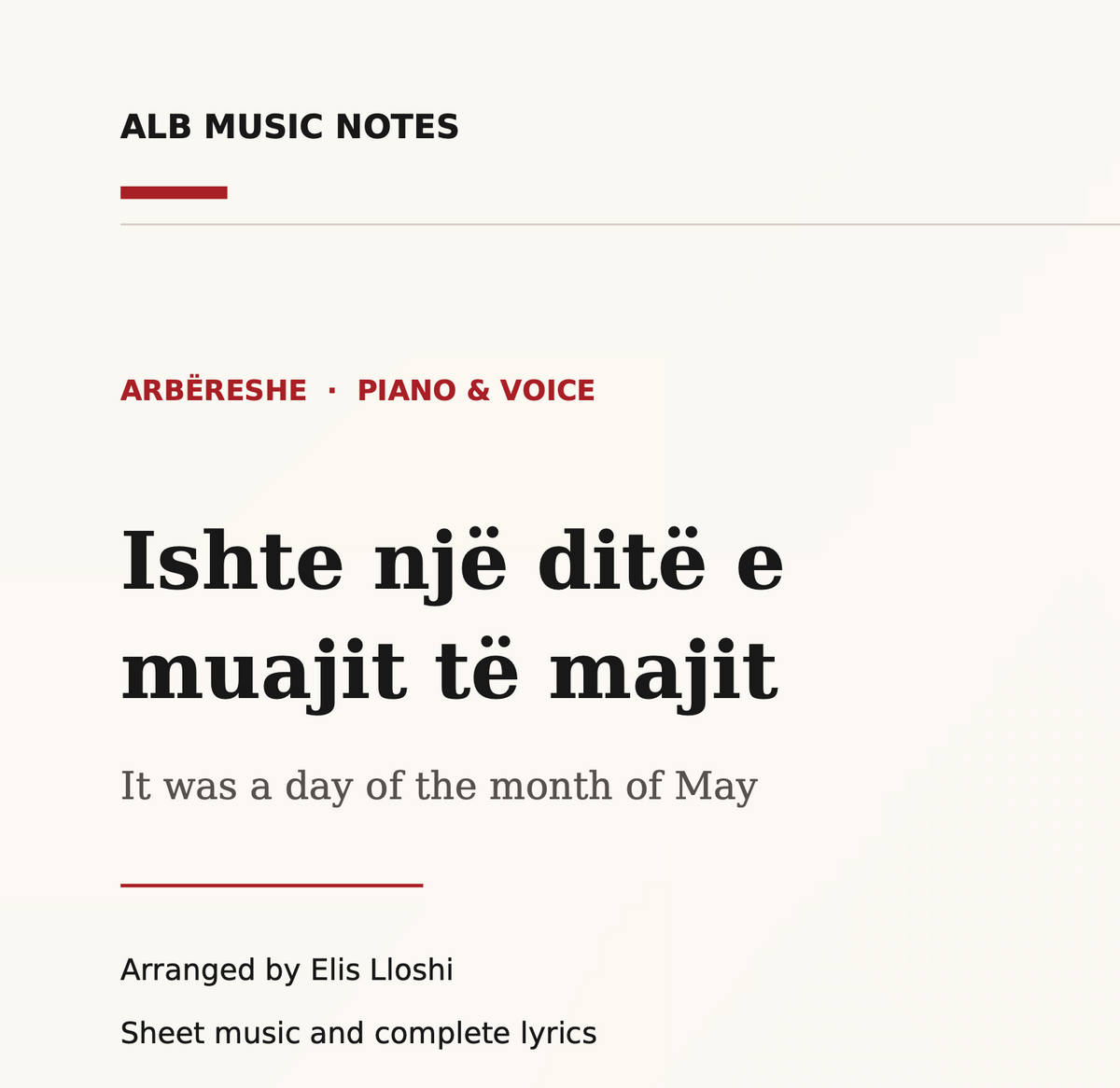 Ishte një ditë e muajit të majit - Arbëreshe, Piano and Voice Sheet Music