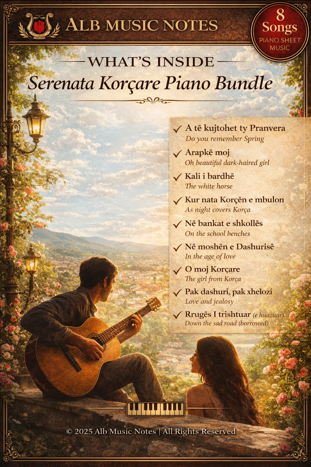 Promotional image for Serenata Korcare Piano Bundle with a couple playing guitar in a scenic setting.