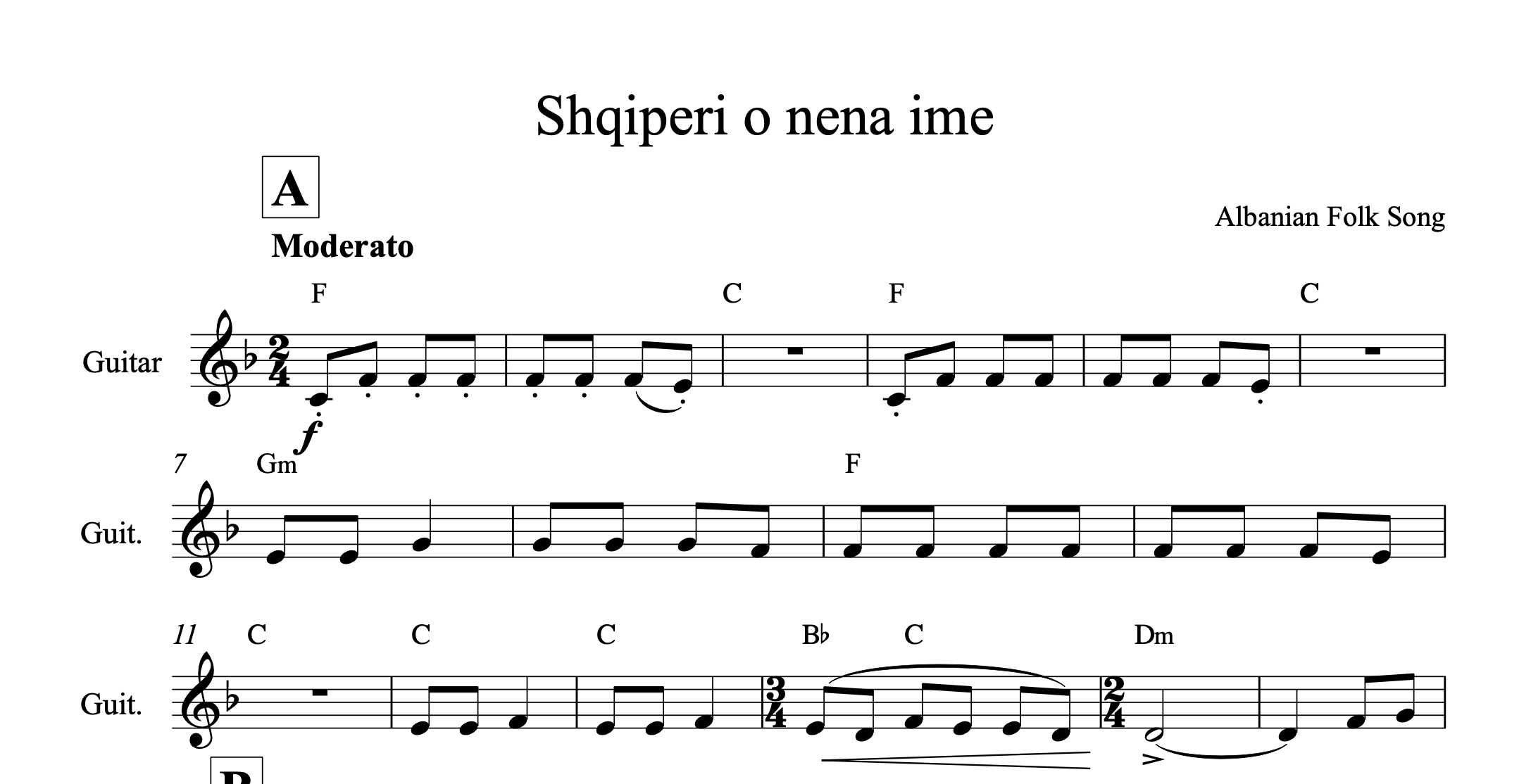 Shqiperi o nena ime, Albanian Guitar Sheet Music