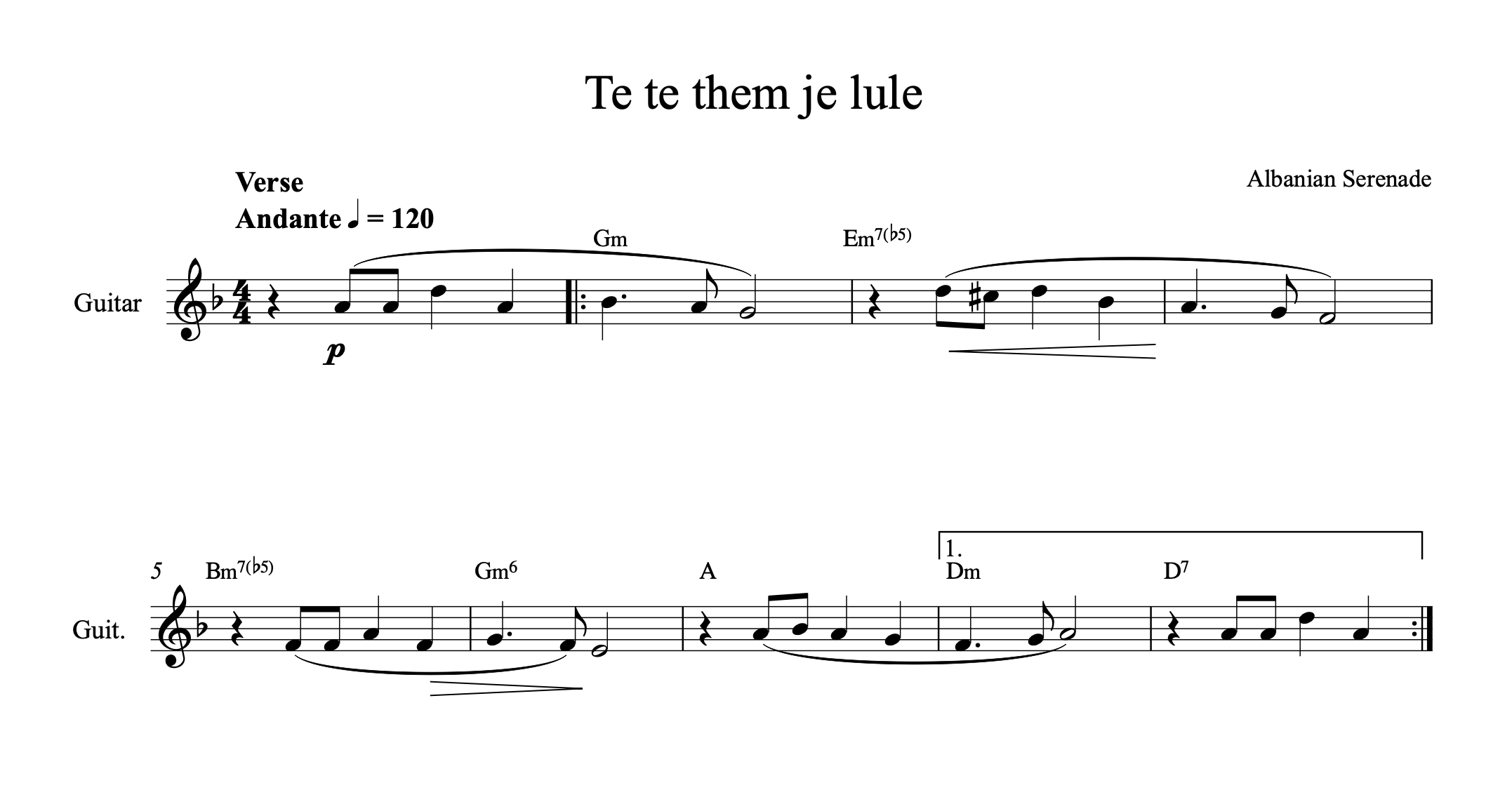 Te te them je lule, Albanian Guitar Sheet Music