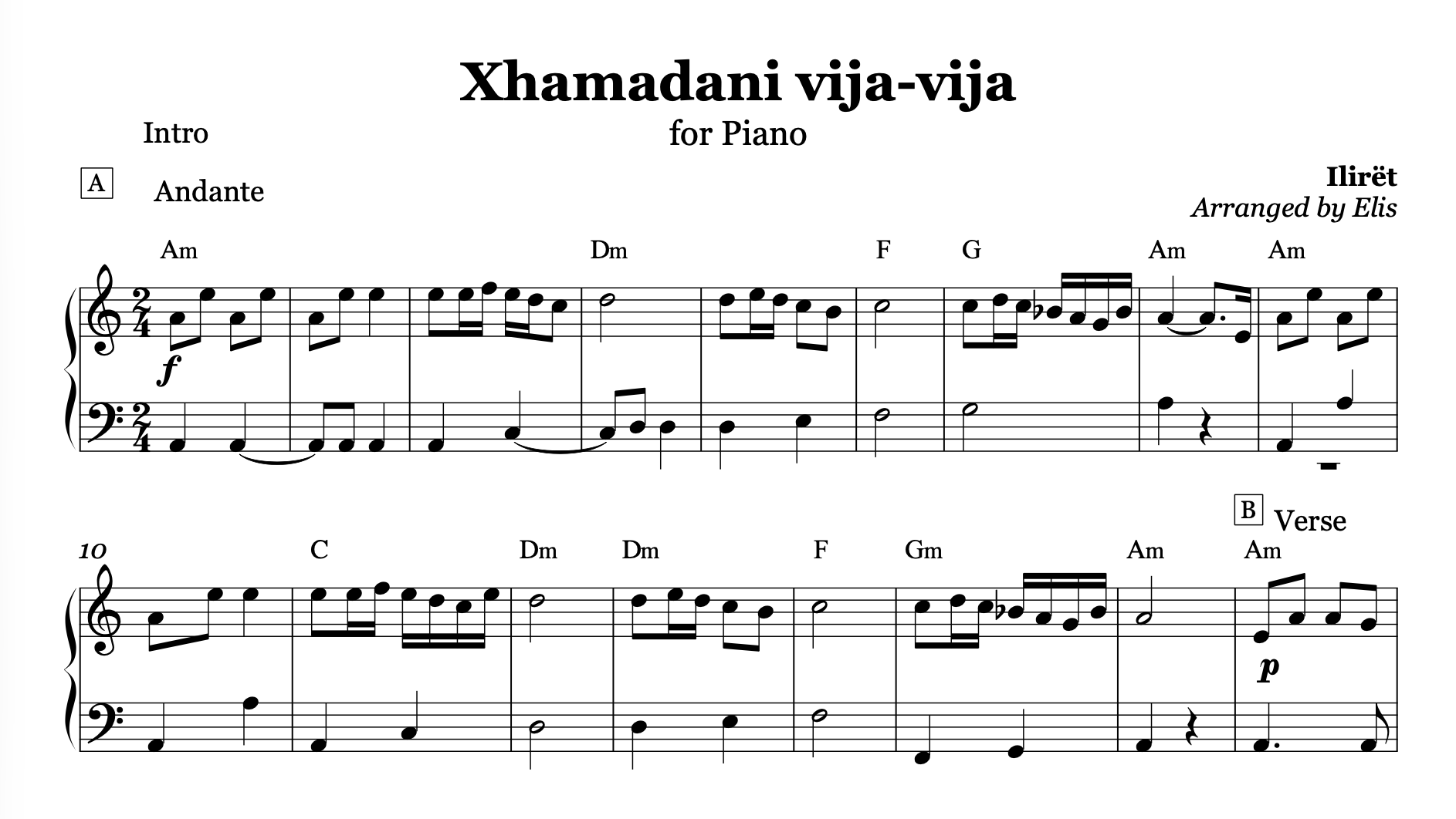 Xhamadani Vija-Vija, Piano Sheet Music and Chords