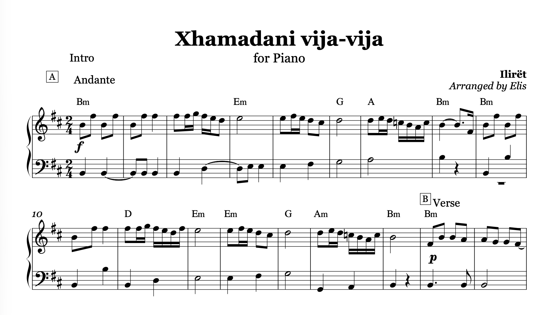 Xhamadani Vija Vija, Albanian Piano Sheet Music
