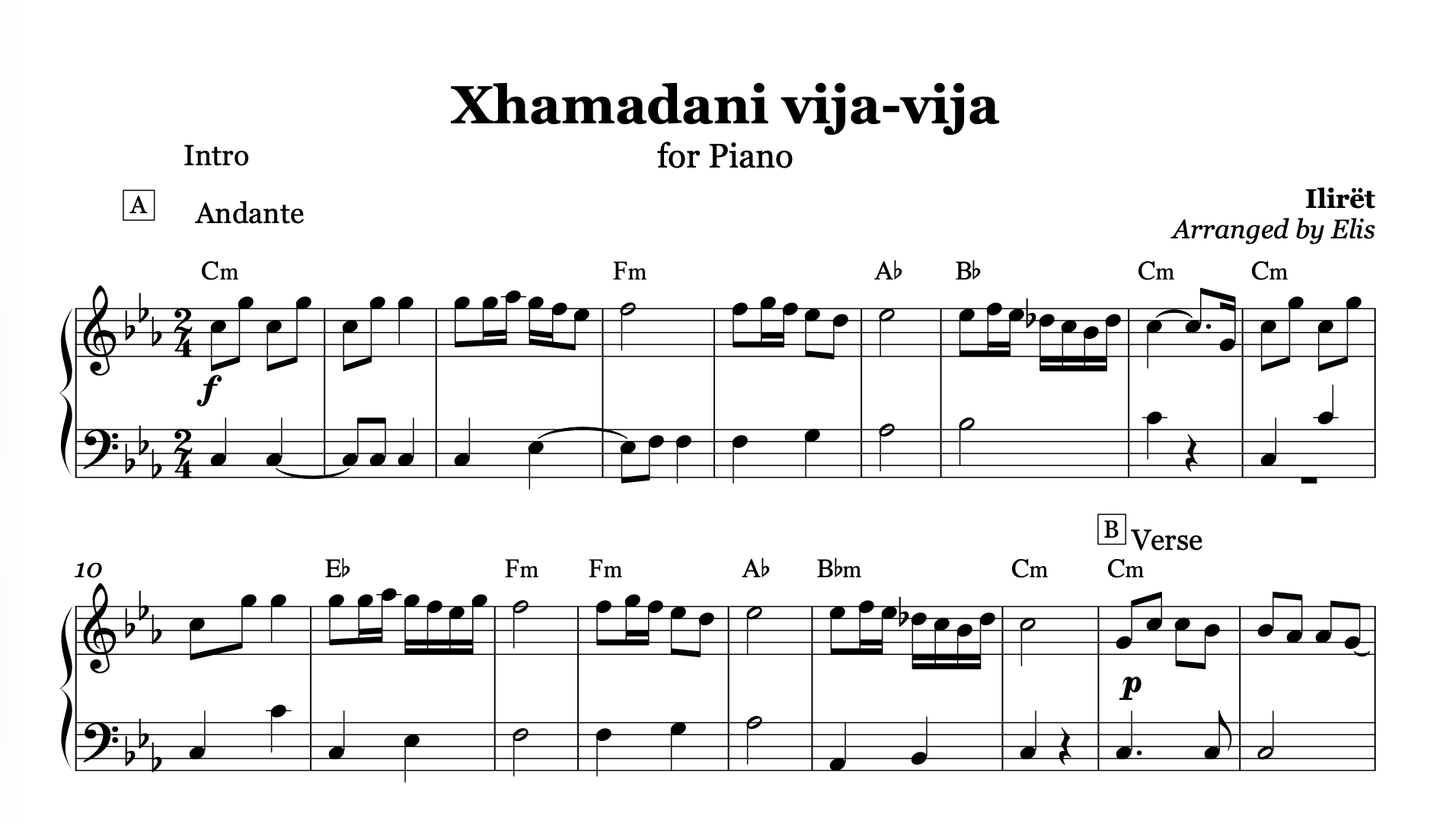 Xhamadani Vija Vija, Albanian Piano Sheet Music