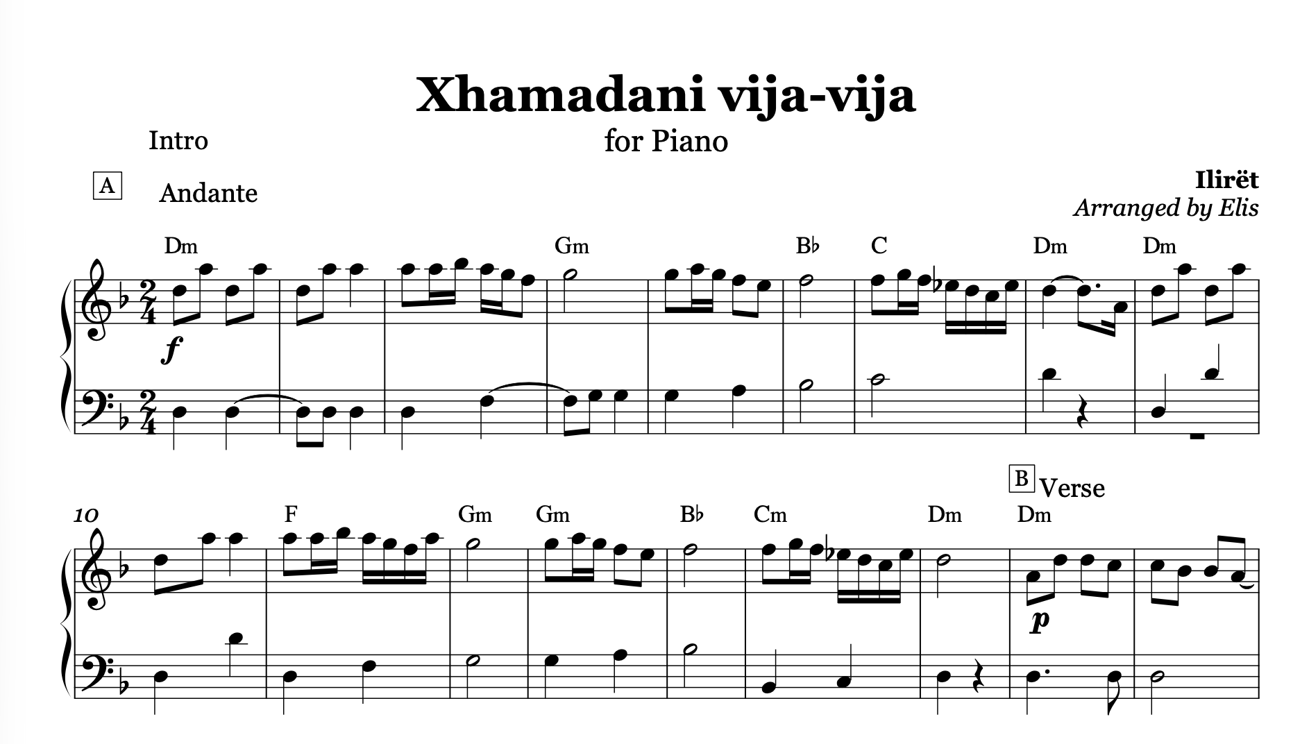 Xhamadani Vija Vija, Albanian Piano Sheet Music