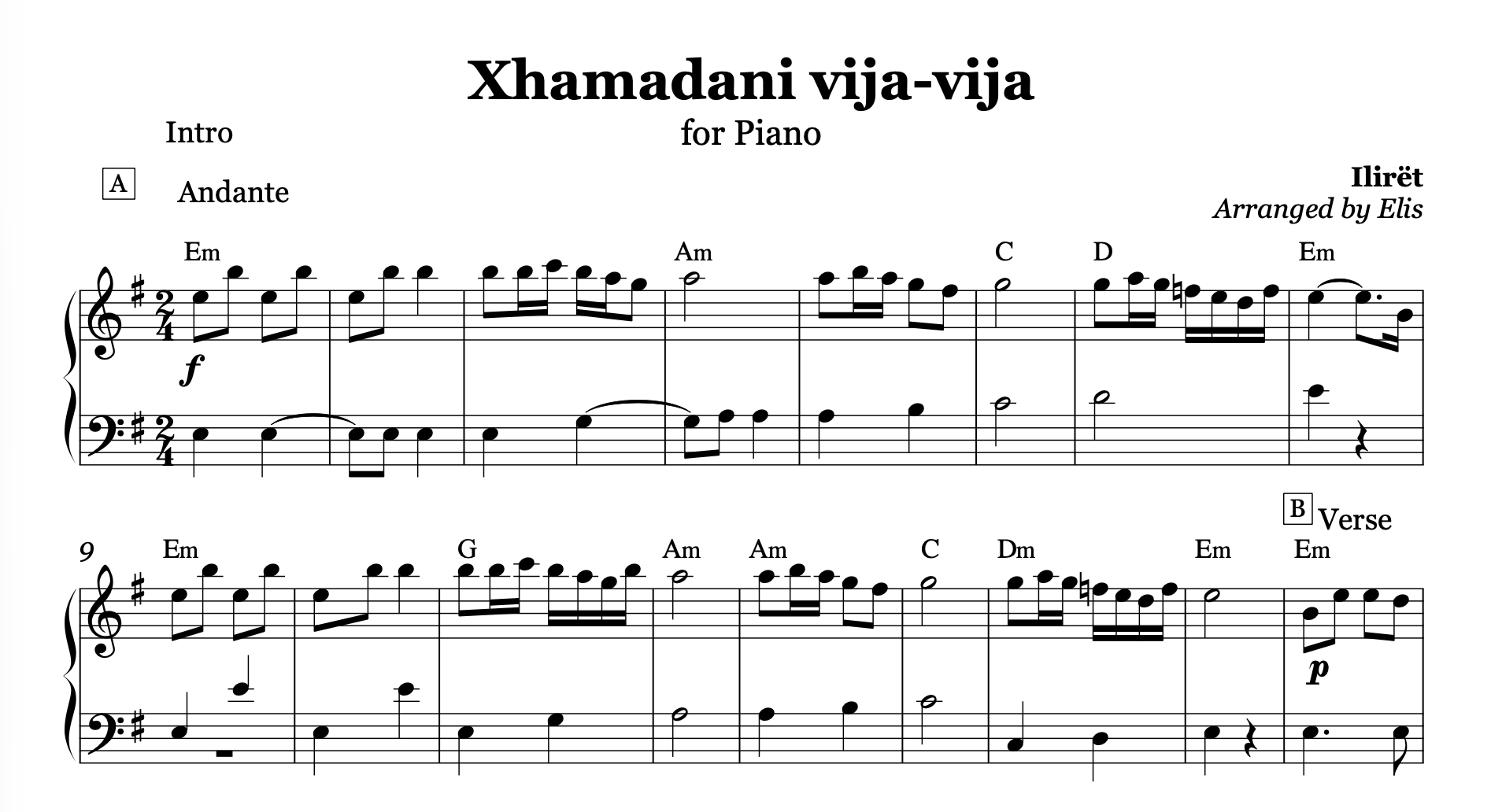 Xhamadani Vija Vija, Albanian Piano Sheet Music